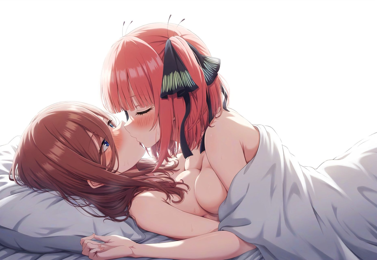 ai generated, asymmetrical docking, bed, big breasts, blue eyes, blush, breast press, breasts, brown hair, female, go-toubun no hanayome, hair accessory, incest, kissing, light skin, light-skinned female, nakano miku, nakano nino, nude, nude female, red hair, sisters, yuri