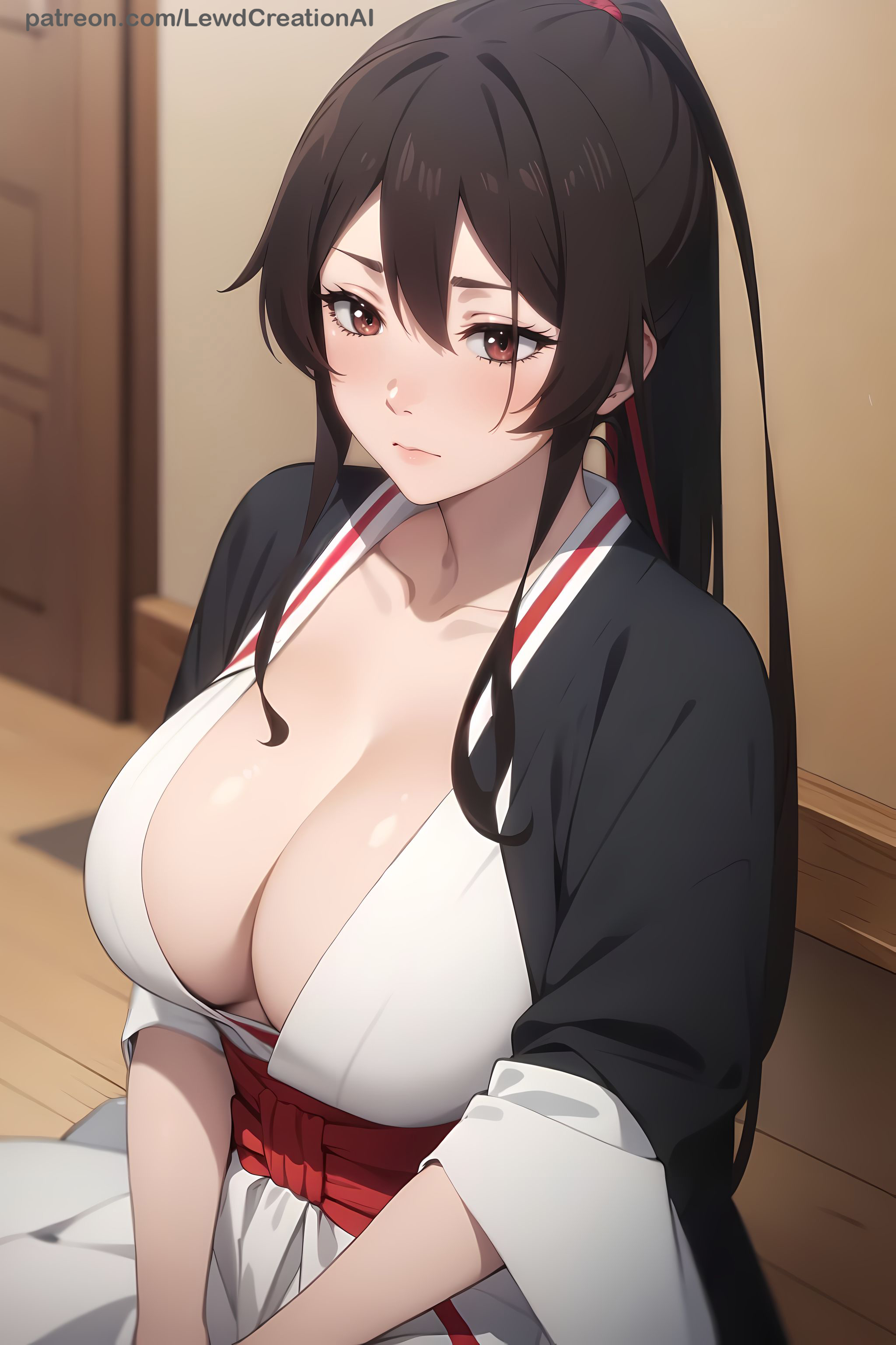 1girls, ai generated, big breasts, blush, blush lines, blushing at viewer, breasts, brown eyes, brown hair, cleavage, curvy, curvy figure, female, indoors, japanese, japanese clothes, jigokuraku, kimono, kneeling, lewdcreationsai, looking at viewer, shiny, shiny breasts, shiny skin, solo, tagme, thick, thick legs, thick thighs, thighs, yamada asaemon sagiri
