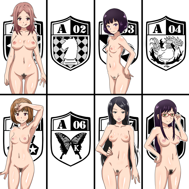 5girls :q adjusting_glasses arm_up armpits ayatsuji_haruka black_eyes black_hair blush breasts brown_eyes brown_hair chart emblem female glasses hand_on_forehead hand_on_hip hand_on_own_head innie_pussy kiro_kiiro kunichika_yuu large_breasts licking_lips long_hair looking_at_viewer mikami_kaho multiple_girls navel nervous nipples nude open_mouth parted_lips pubic_hair purple_eyes purple_hair pussy red-framed_glasses short_hair small_breasts smile tongue tongue_out tsukimi_ren uncensored usami_shiori world_trigger