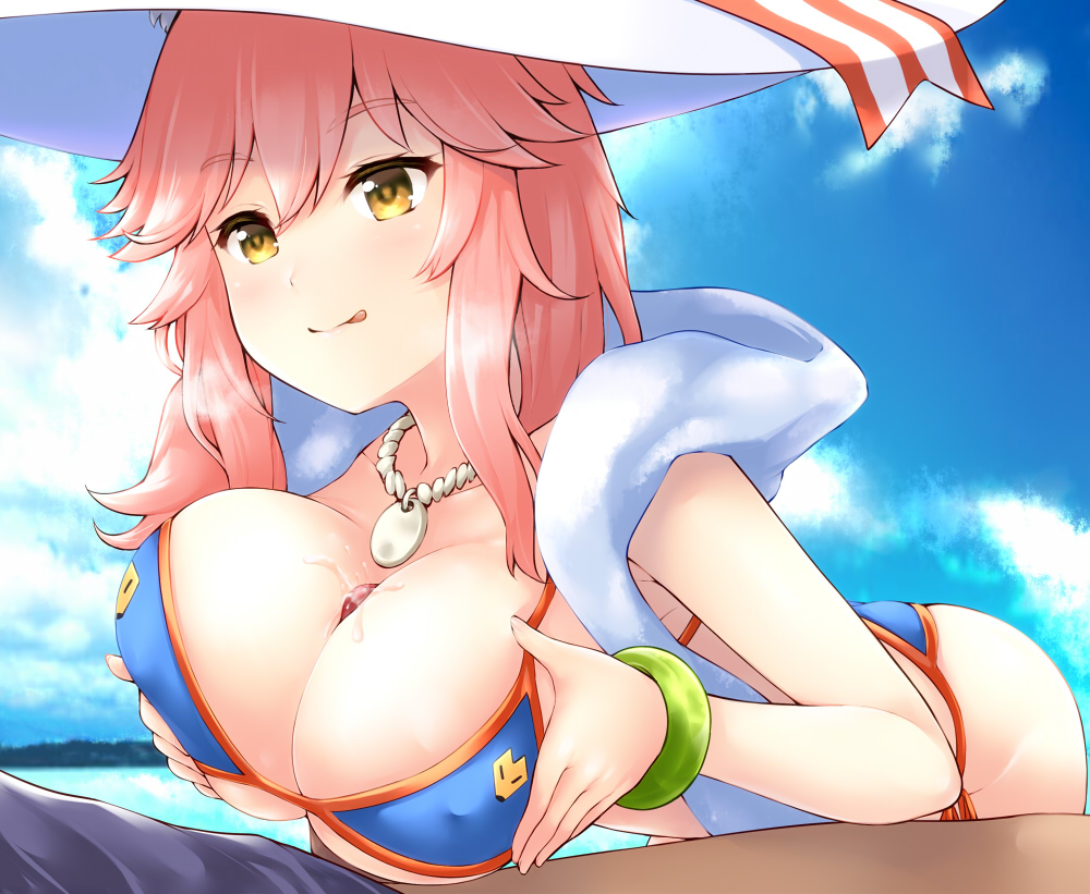 1boy :q bangs bent_over bikini blue_bikini blue_sky bracelet breasts breath cleavage cloud cloudy_sky commentary covered_nipples cum cum_on_body cum_on_breasts cum_on_upper_body day eyebrows_visible_through_hair fate/extra fate/grand_order fate_(series) female hair_between_eyes hat jewelry large_breasts long_hair looking_at_another necklace ocean outdoors paizuri penis pink_hair precum shawl side-tie_bikini sky solo_focus straight sun_hat swimsuit tamamo_no_mae_(fate) tongue tongue_out uni8 yellow_eyes