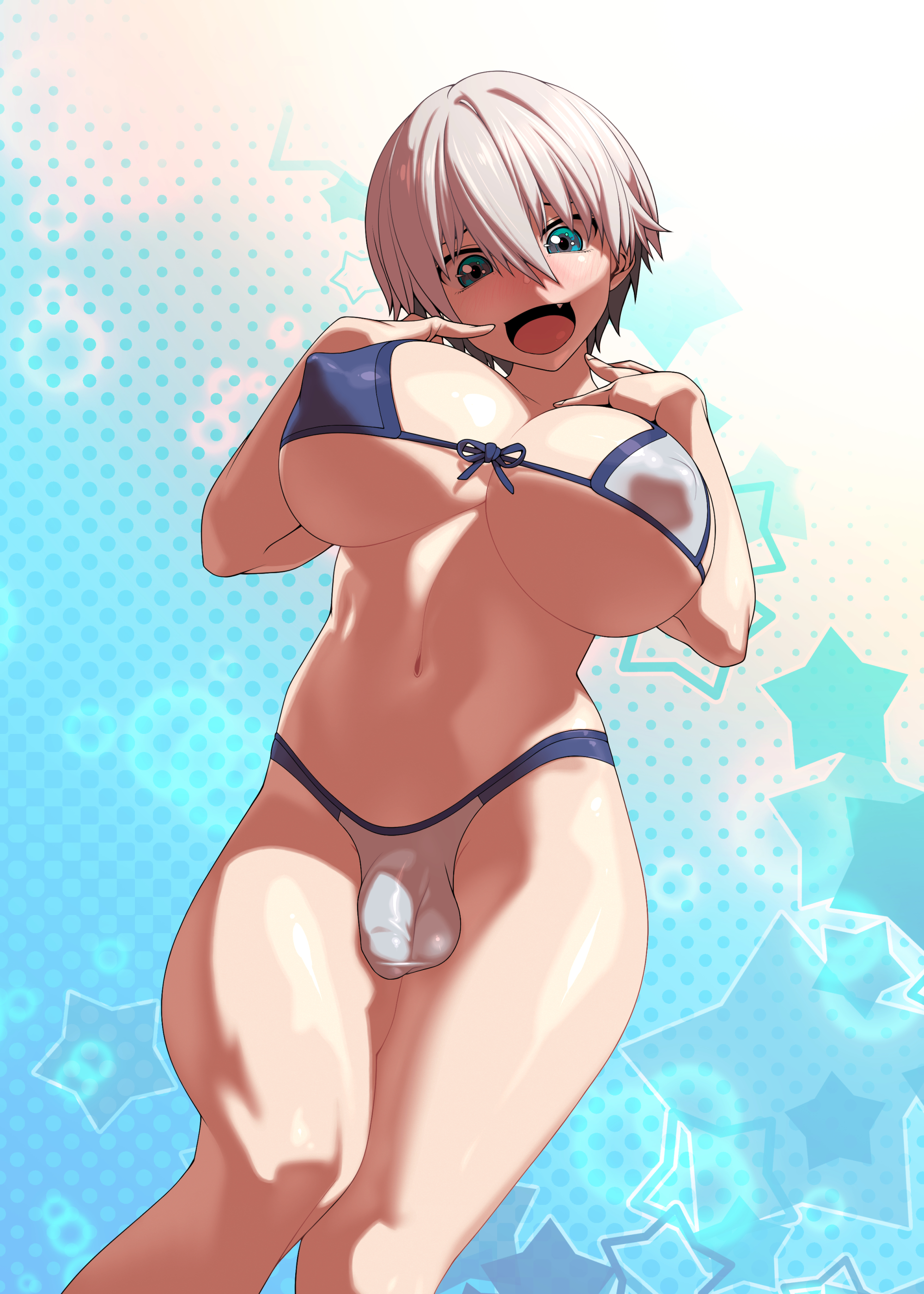 :d, 1futa, background, balls, big breasts, blue eyes, breasts, bulge, clothed, clothing, flaccid, futa only, futanari, happy, human, intersex, large breasts, light skin, light-skinned futa, low-angle view, mostly nude, penis, short hair, small penis, solo, standing, swimsuit, swimwear, tomoyuki kotani, uzaki hana, uzaki-chan wa asobitai!, white hair