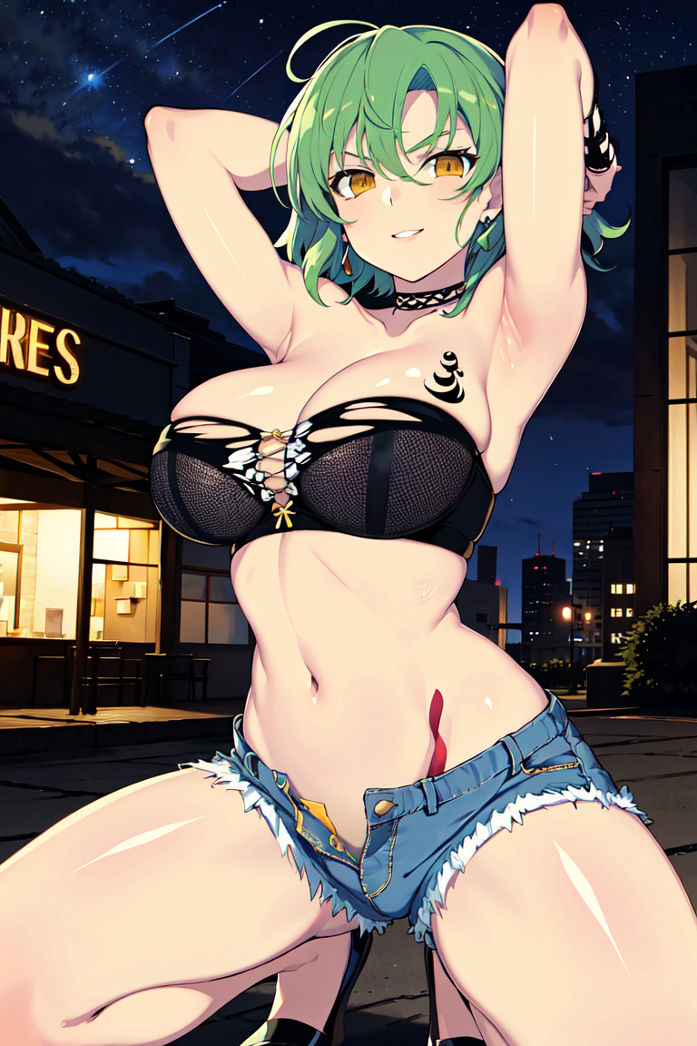 1girls ai_generated bare_arms bare_shoulders big_breasts blush bra clothed clothing color female female_focus female_only green_hair hi_res hikage_(senran_kagura) jean_shorts large_breasts light-skinned_female light_skin looking_at_viewer senran_kagura short_hair solo solo_female tagme thej0ff thick_thighs yellow_eyes