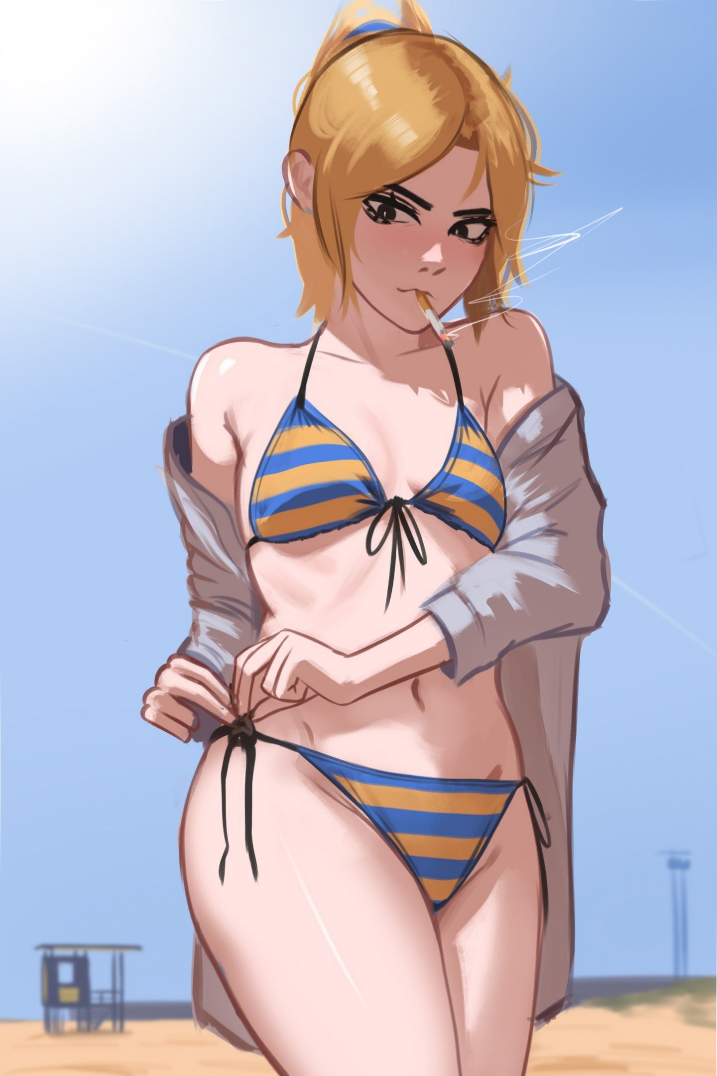 1girls 2023 beach belly_button bikini black_eyes blonde_hair breasts cigarette cigarette_in_mouth clothed clothed_female clothing female front-tie_bikini hair hi_res human jacket jessie_(veyonis) legs_together light-skinned_female light_skin long_hair navel open_clothes open_jacket original original_character outdoors ponytail side-tie_bikini small_breasts smile smiling smoking solo standing stomach swedish swimsuit thighs veyonis