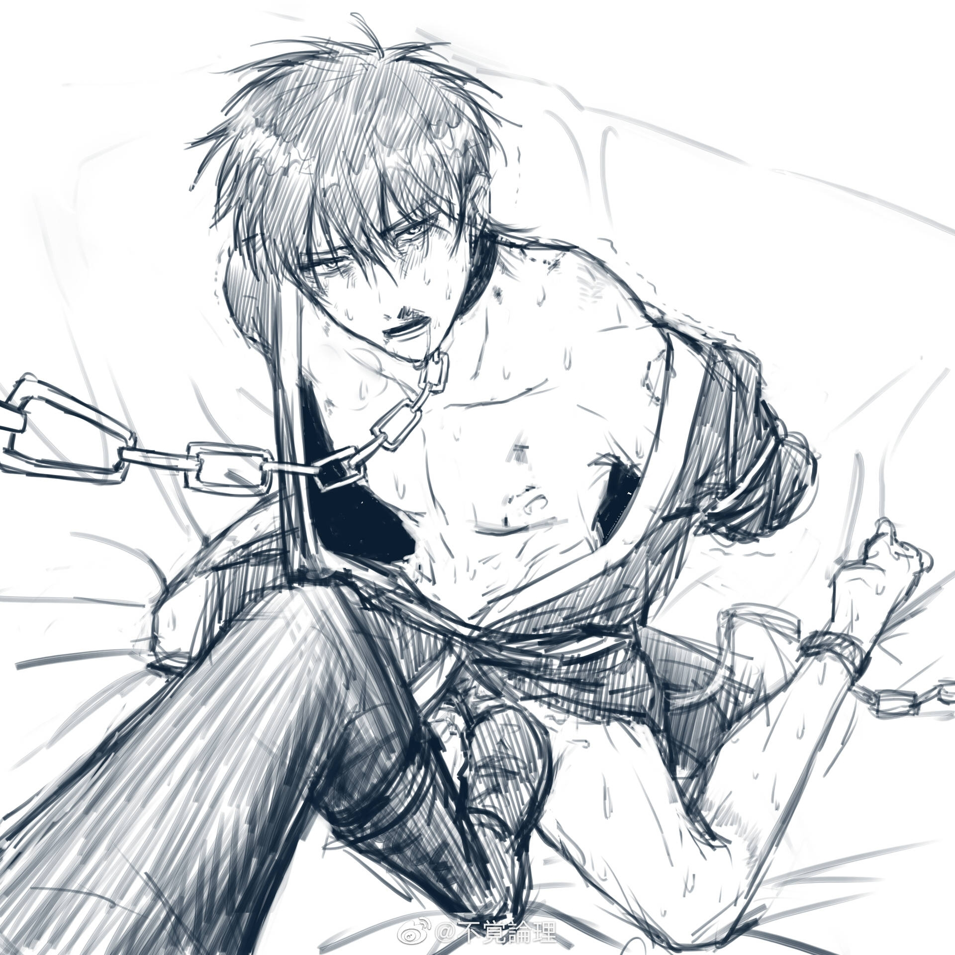 2boys, abuse, arms behind back, bite mark, bite marks, blood, bondage, bootjob, boots, bound, chain leash, chained, chains, collar, fall into disgrace, footjob, gay, gintama, gintoki sakata, high-angle view, hijikata toshiro, kimono, looking at viewer, male, male only, monochrome, nosebleed, off shoulder, penis, restrained, reverse ryona, shoejob, sitting, sketch, solo focus, stepped on, stepping on penis, submissive, trembling, wariza, yaoi