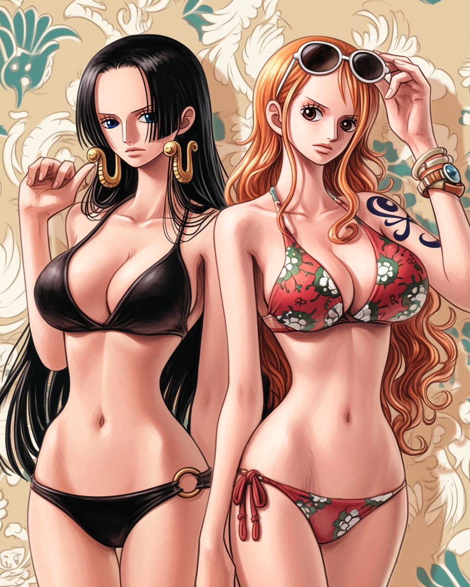 artist_request bikini boa_hancock female female_only floral_print hourglass_figure large_breasts nami nami_(one_piece) one_piece slim_waist thick_thighs