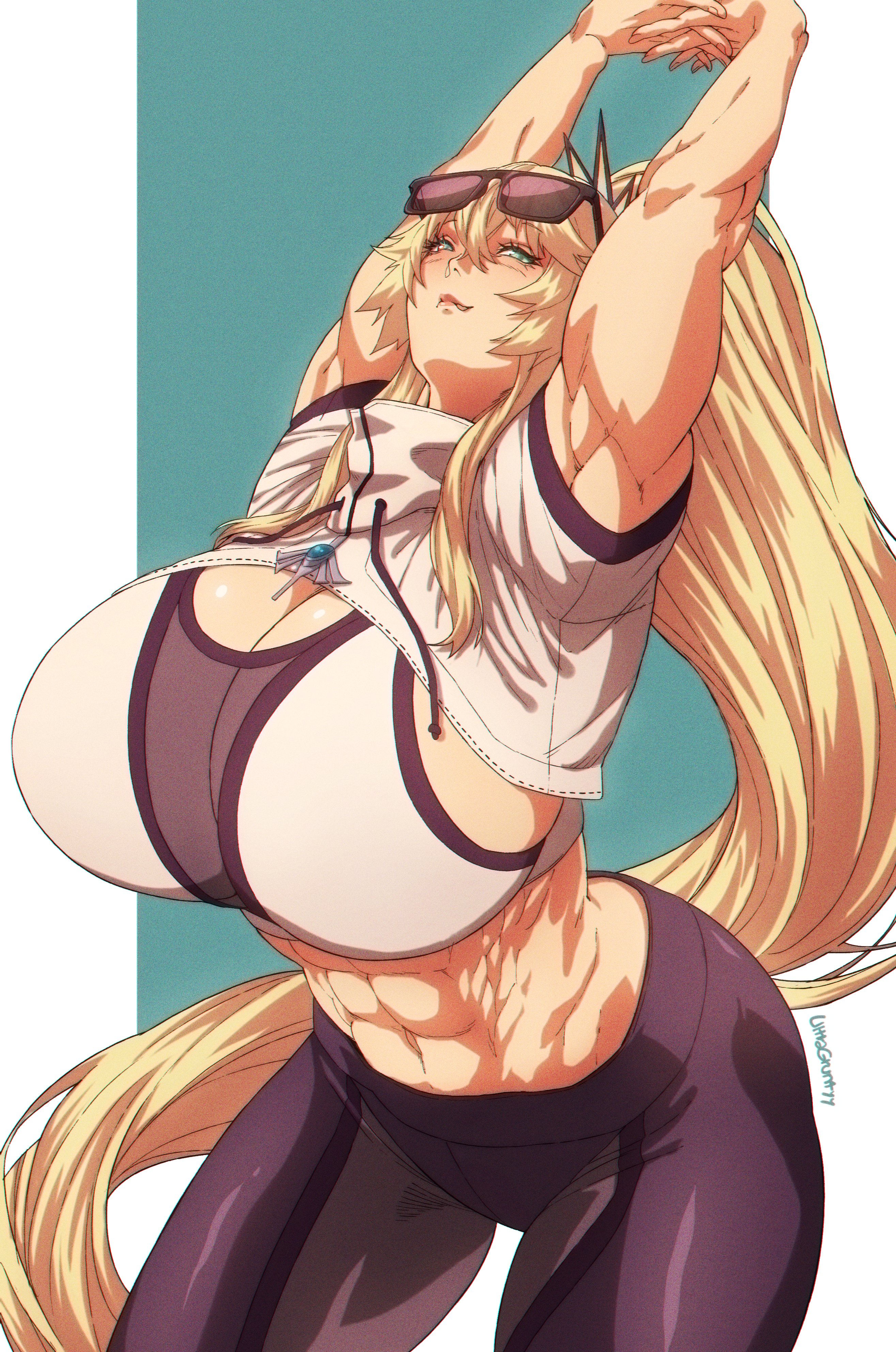 abs, absurdres, armpits, arms up, barghest (gawain) (fate), black pants, blonde hair, breasts, cammy stretch, cowboy shot, eyewear on head, fate (series), fate/grand order, female, highres, huge breasts, long hair, looking at viewer, muscular, muscular female, obliques, own hands together, pants, ponytail, signature, solo, stretching, sunglasses, thick thighs, thighs, ultragruntyy, very long hair