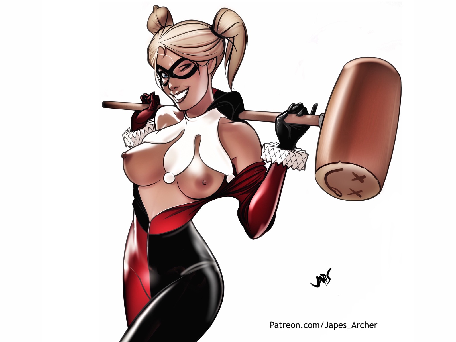 1girls, bare shoulders, batman (series), blonde hair, blue eyes, bodysuit, breasts, dc, dc comics, domino mask, female, female only, harley quinn, harley quinn (classic), japes, large breasts, lips, long hair, mallet, mask, nipples, one eye closed, simple background, solo, teeth, tied hair, twintails, unzipped, weapon, white background