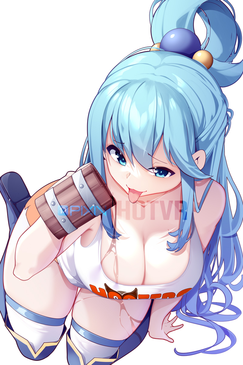 1girls, alcohol, aqua (konosuba), artist name, beer, beer mug, blue eyes, blue footwear, blue hair, boots, breasts, commentary request, cup, female, highres, holding, holding cup, hooters, hotvr, kono subarashii sekai ni shukufuku wo!, large breasts, long hair, looking at viewer, mug, ponytail, shirt, simple background, sitting, skindentation, solo, tank top, thigh boots, thighhighs, tongue, tongue out, very long hair, wariza, watermark, white background, white shirt, white tank top, white thighhighs