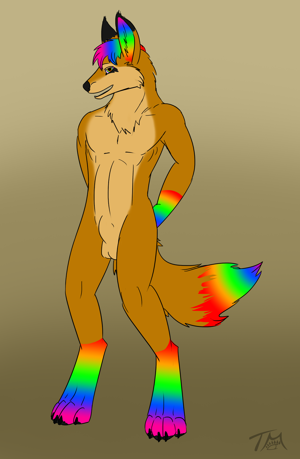 1boy animal_genitalia anthro bakari balls canine fox fur hair looking_at_viewer male male_only mammal multicolored_hair nude open_mouth rainbow_hair sheath smile solo