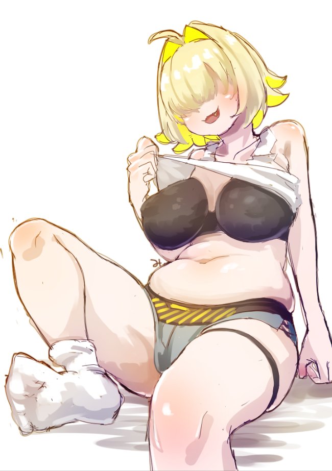 :3, ahoge, belly, belly button, blonde hair, blush, bra, breasts, chubby, chubby female, cute fang, denim shorts, elegg (nikke), feet, female, goddess of victory: nikke, hair over eyes, open mouth, shirt lift, shirt up, short shorts, shorts, socks, thigh strap, thighs, white background