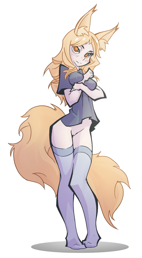 2016 alpha_channel animal_ears ass blonde_hair blush bottomless breasts canine female fox_ears fur humanoid long_hair looking_at_viewer mammal no_underwear orange_eyes pussy shirt simple_background solo the_pink_pirate thighhighs transparent_background yellow_fur