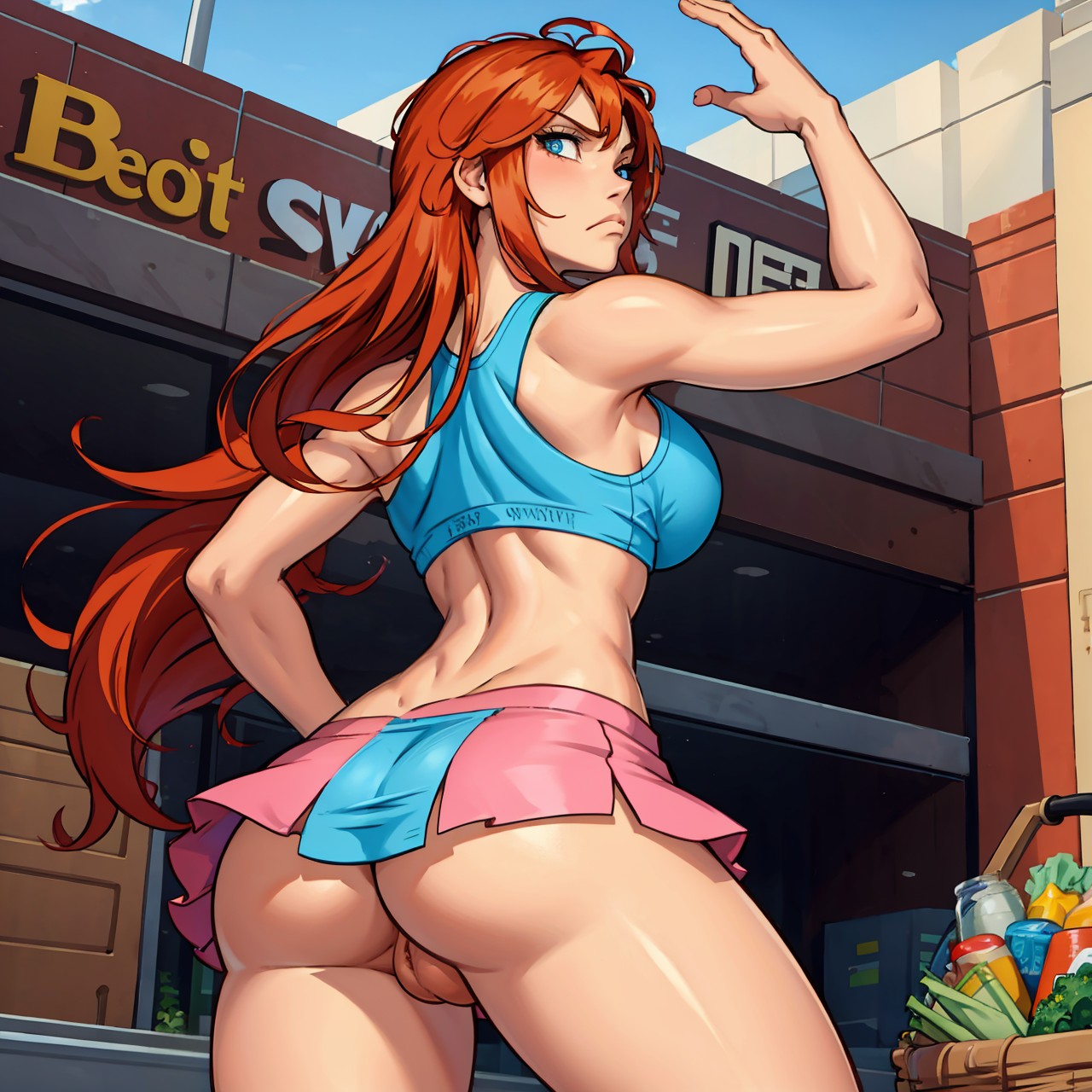 4kids entertainment, ai generated, ass, balls, bloom (winx club), female, female only, from behind, frown, intersex, microskirt, nickelodeon, no panties, public, public nudity, rainbow (animation studio), sports bra, winx club
