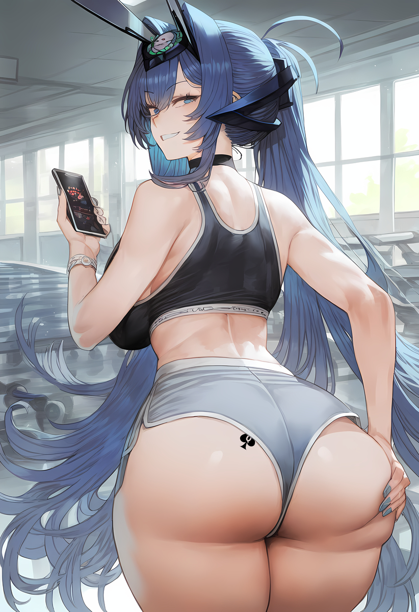 1girls, ai generated, ass, azur lane, big breasts, blue eyes, blue hair, breasts, female, female only, gym uniform, long hair, mostly clothed, nail polish, new jersey (azur lane), phone, queen of spades, seductive, seductive look, seductive smile, smile, solo, sports bra, sportswear, tattoo