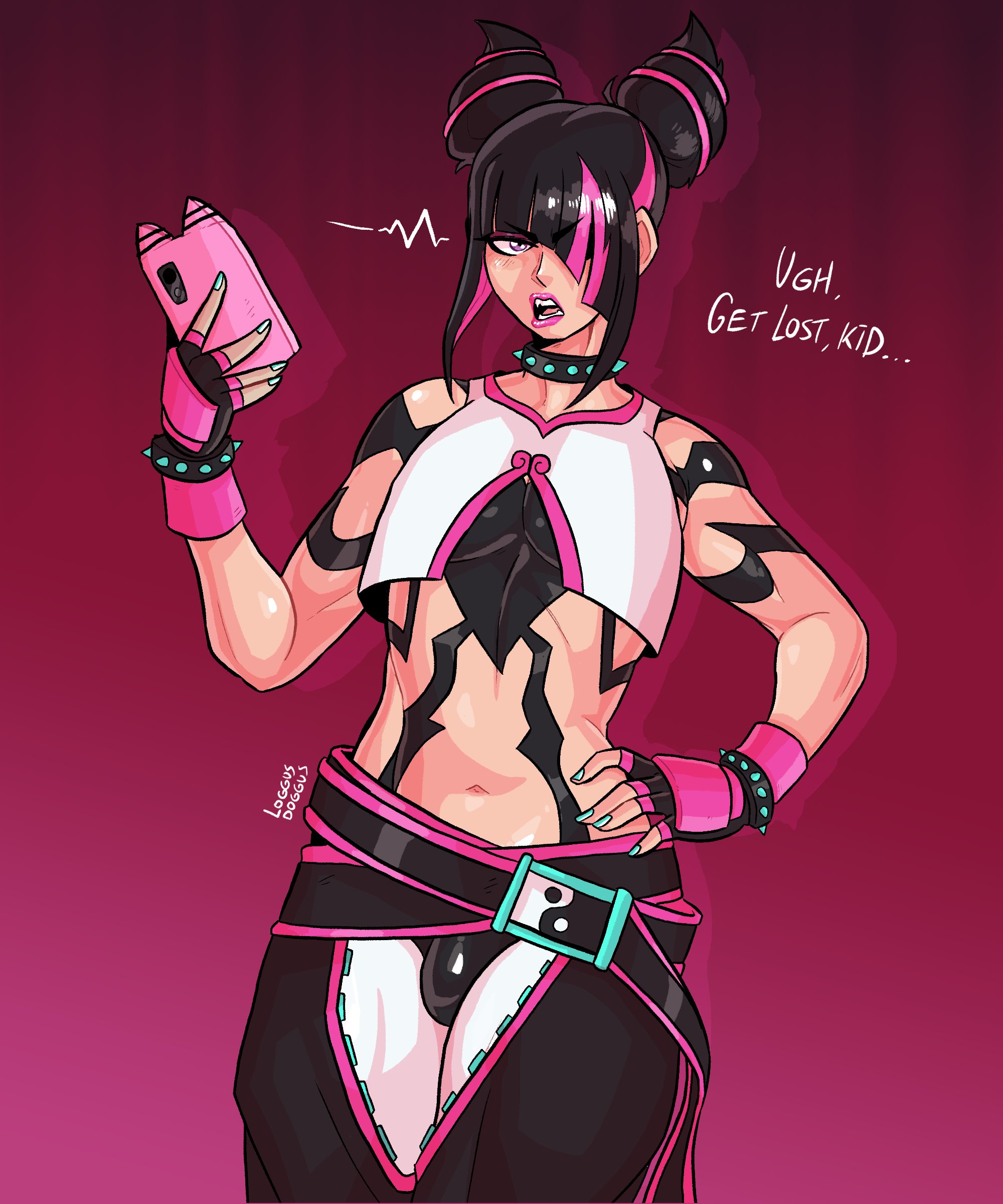 1boy, black hair, bulge, capcom, clothing, english text, femboy, fingerless gloves, genderswap, genderswap (ftm), girly, hair horns, hair over one eye, hand on hip, hi res, holding phone, juri han, light blush, loggus doggus, looking at viewer, male, male juri, male only, penis, penis bulge, phone, pink highlights, pink lipstick, purple eyes, rule 63, solo, spiked bracelet, spiked collar, street fighter, street fighter 6, talking to viewer