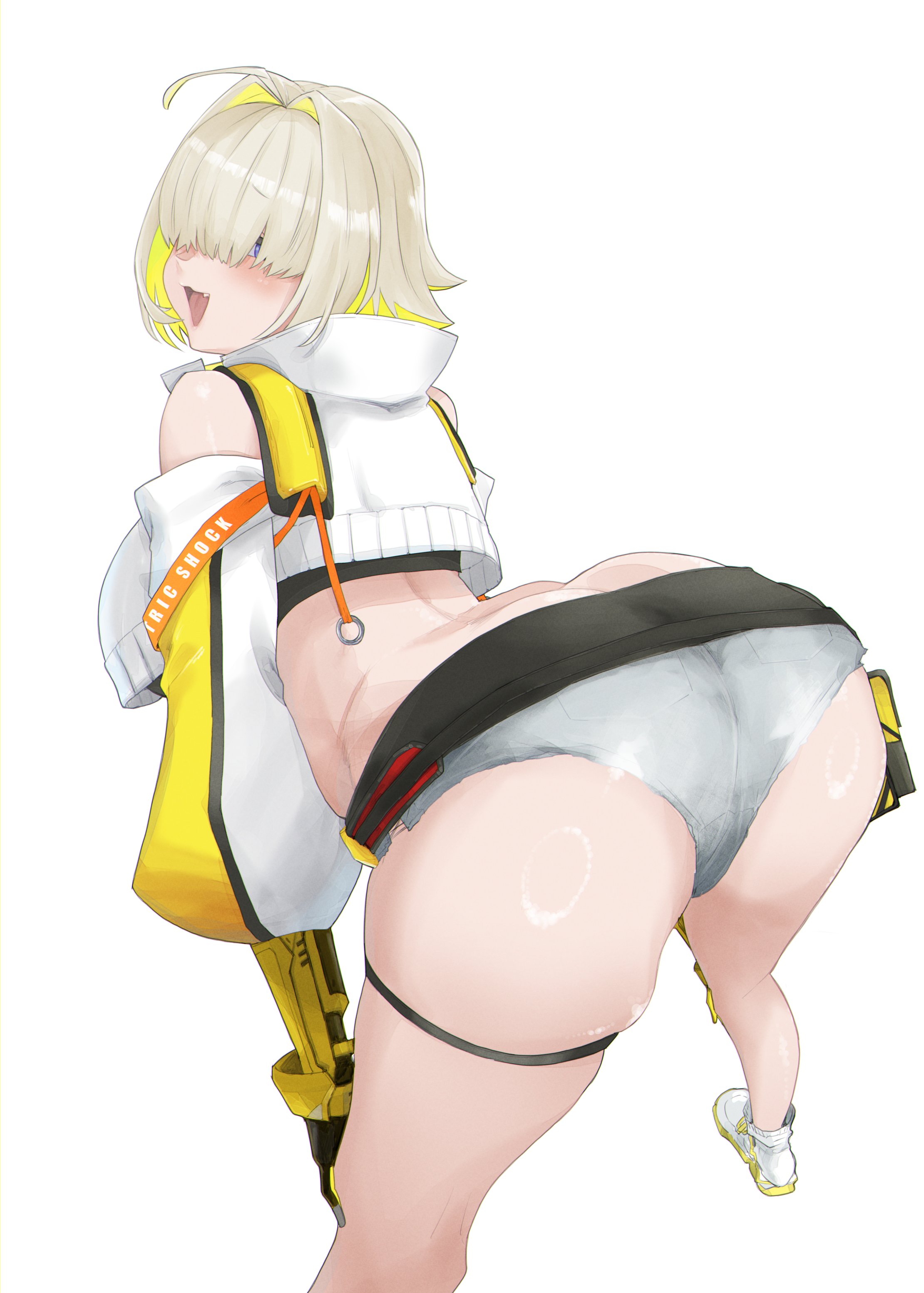 1girls, ahoge, arched back, ass, ass focus, bare shoulders, blonde hair, blush, booty shorts, cute fang, denim shorts, elegg (nikke), female, fully clothed, goddess of victory: nikke, hair over eyes, hotpants, open mouth, purple eyes, short shorts, shorts, thigh strap, thighs, white background