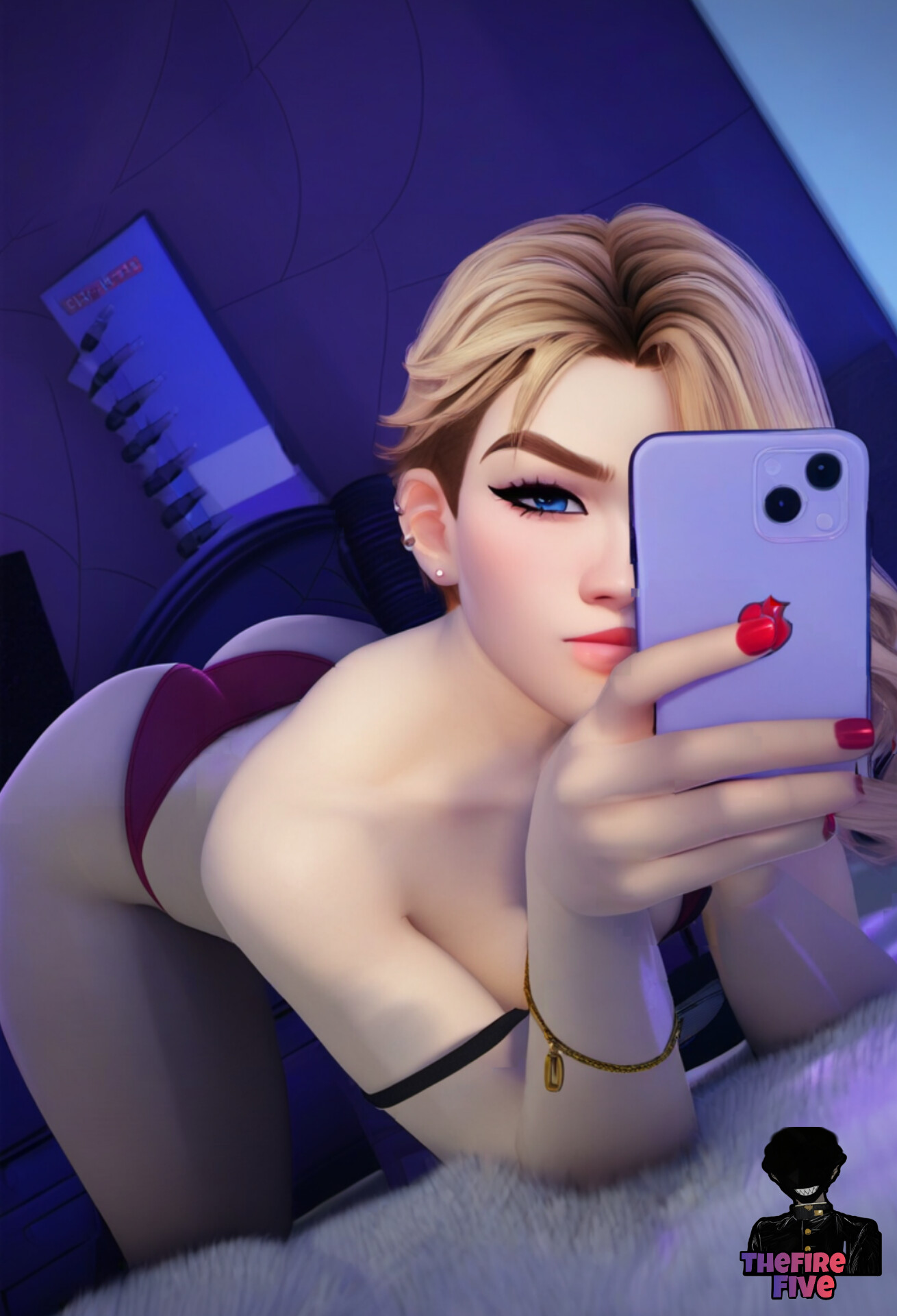 1girls, ai generated, arched back, ass, ass shot, ass up, big ass, big butt, female, gwen stacy, huge ass, marvel, marvel comics, panties, phone, red panties, spider-gwen, spider-man (series), spider-man: across the spider-verse, spider-man: into the spider-verse, thefirefive, thick ass, thick thighs, thighs, underwear