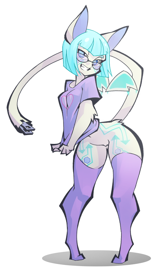 2016 alpha_channel anthro ass blue_eyes blue_hair breasts eyewear female fur glasses looking_at_viewer no_underwear open_mouth plug pussy shirt short_hair simple_background smile solo teeth the_pink_pirate thighhighs transparent_background unknown_species wings