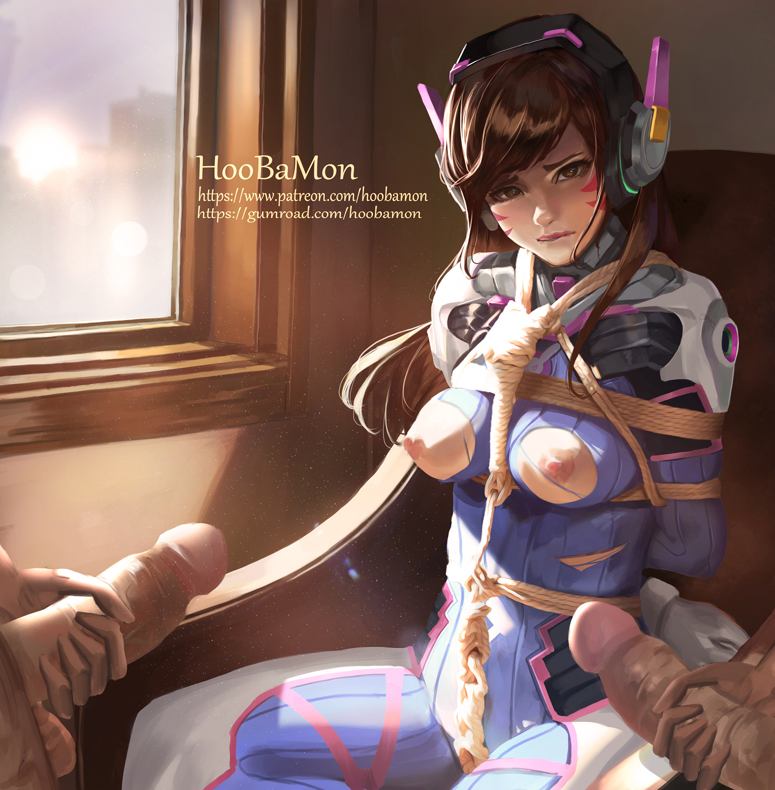 1girls, 2boys, bdsm, blizzard entertainment, bodysuit, bondage, brown eyes, brown hair, d.va, defeated, facepaint, facial mark, female, hoobamon, long hair, male, multiple boys, multiple males, multiple penises, overwatch, penis, pilot suit, shibari, solo focus, tagme, torn clothes, whisker markings