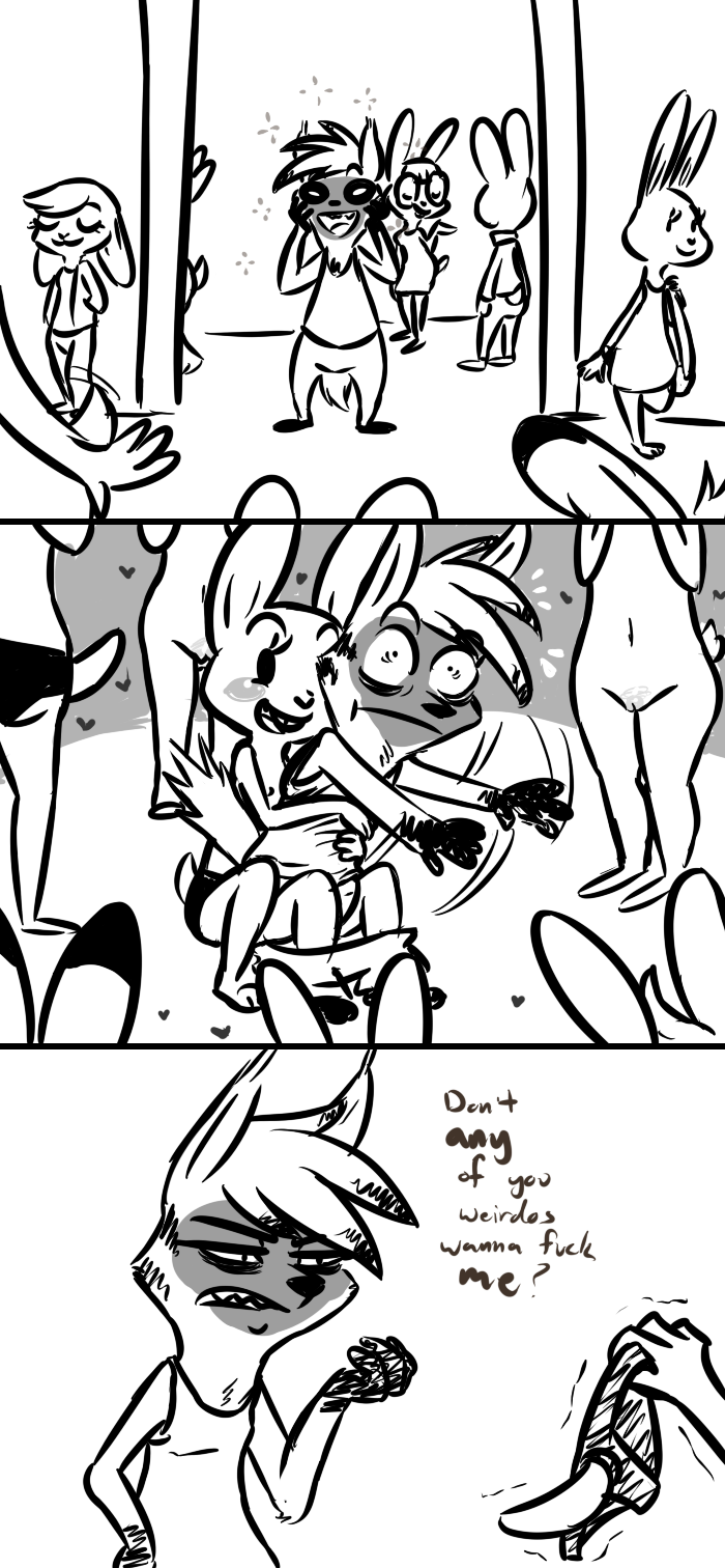 2016 aardwolf anneke_(weaver) anthro barely_visible_genitalia black_and_white blush clothed clothing comic dialogue dildo disney english_text female flat_chest furry group heart hug hugging_from_behind hyena inkyfrog lagomorph male mammal monochrome nude pack_street pants_down partially_clothed partially_colored pussy rabbit sex_toy simple_background sitting sparkle strap-on text white_background wolter_(weaver) zootopia