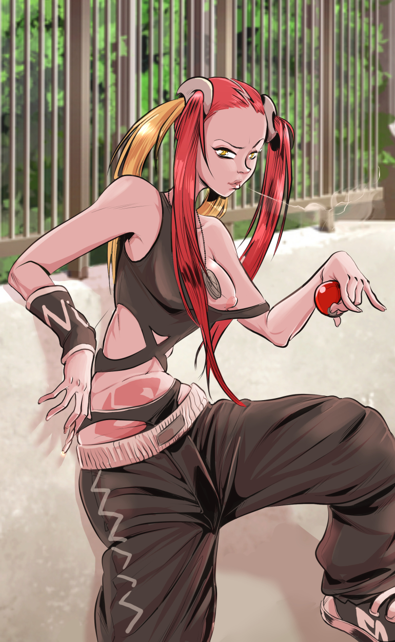 1girls, against wall, areolae, armpits, bare shoulders, belly, blonde hair, breasts, eyelashes, eyeshadow, female, female only, ganguro, gyaru, holding, human, human only, kogal, large breasts, lipstick, long hair, looking at viewer, makeup, multicolored hair, necklace, nintendo, nipples, one breast out, outdoors, pants, pink hair, plumeria (pokemon), poke ball, pokemon, pokemon sm, renx, shoes, smoking, solo, stomach tattoo, tattoo, team skull, two-tone hair, underwear, yellow eyes