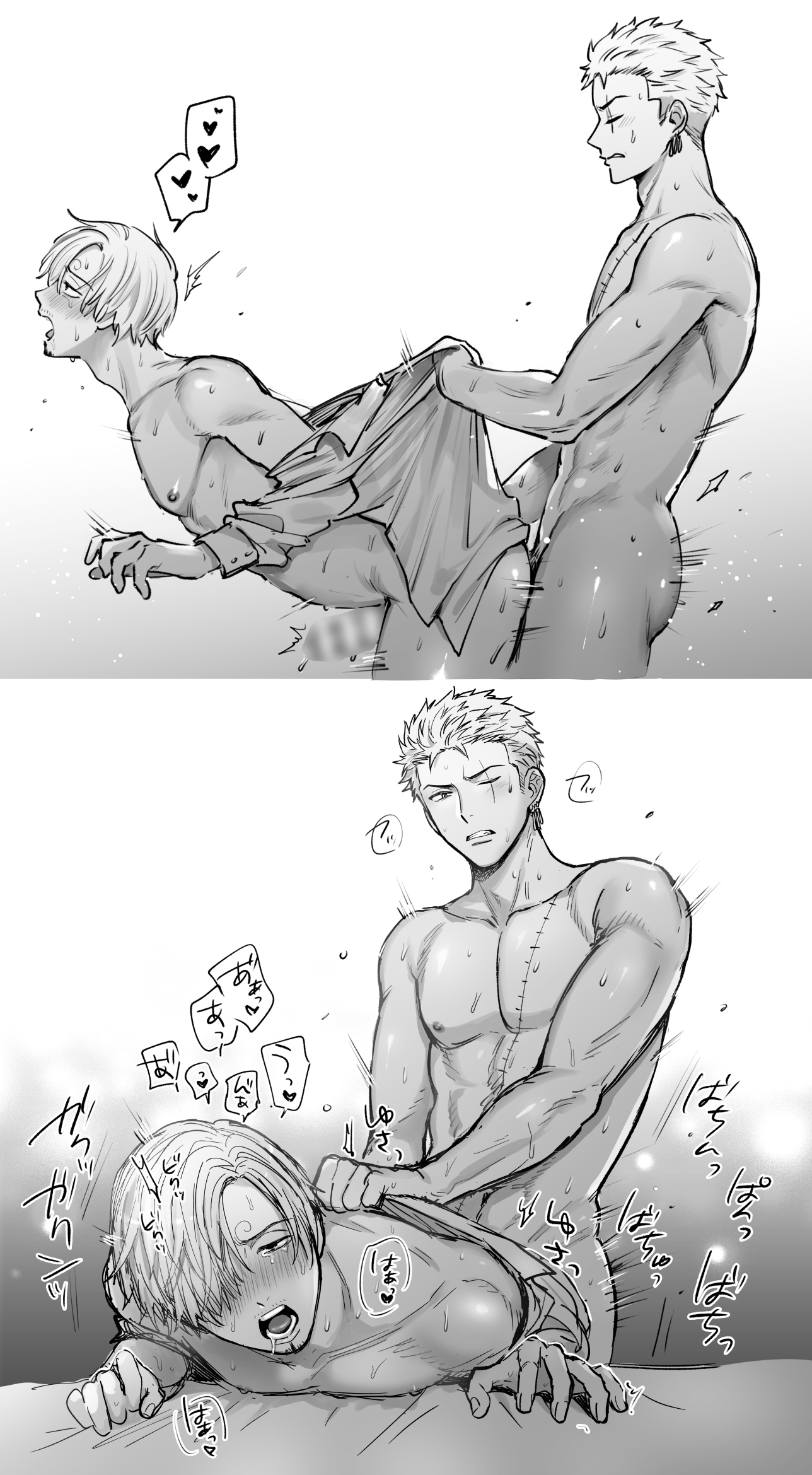 2boys, anal, anal sex, bent over, blush, censored, doggy style, erection, facial scar, from behind, gay, hair over one eye, male, male only, monochrome, motion lines, multiple images, multiple views, muscular, muscular male, namedori, nude, one piece, open shirt, partially clothed, post-timeskip, profile, roronoa zoro, scar, side view, skinny, sweat, toned, toned male, vinsmoke sanji, yaoi