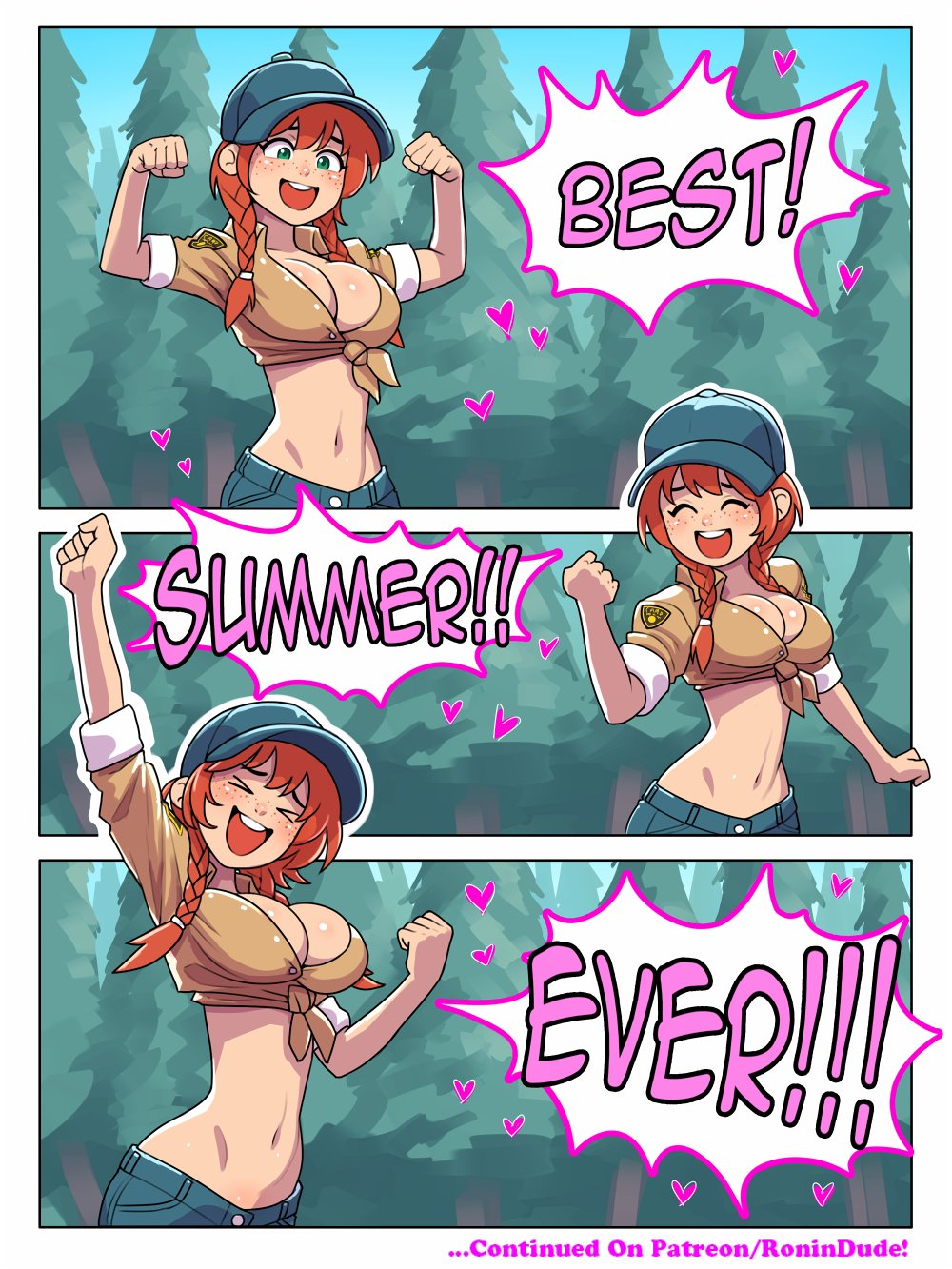 1girls bare_legs bare_thighs big_breasts clothed clothing color english_text female female_focus female_only green_eyes hat hi_res jean_shorts large_breasts light-skinned_female light_skin long_hair looking_at_viewer original_character red_hair ronindude solo solo_female summer summer_camp tagme text text_bubble thick_thighs