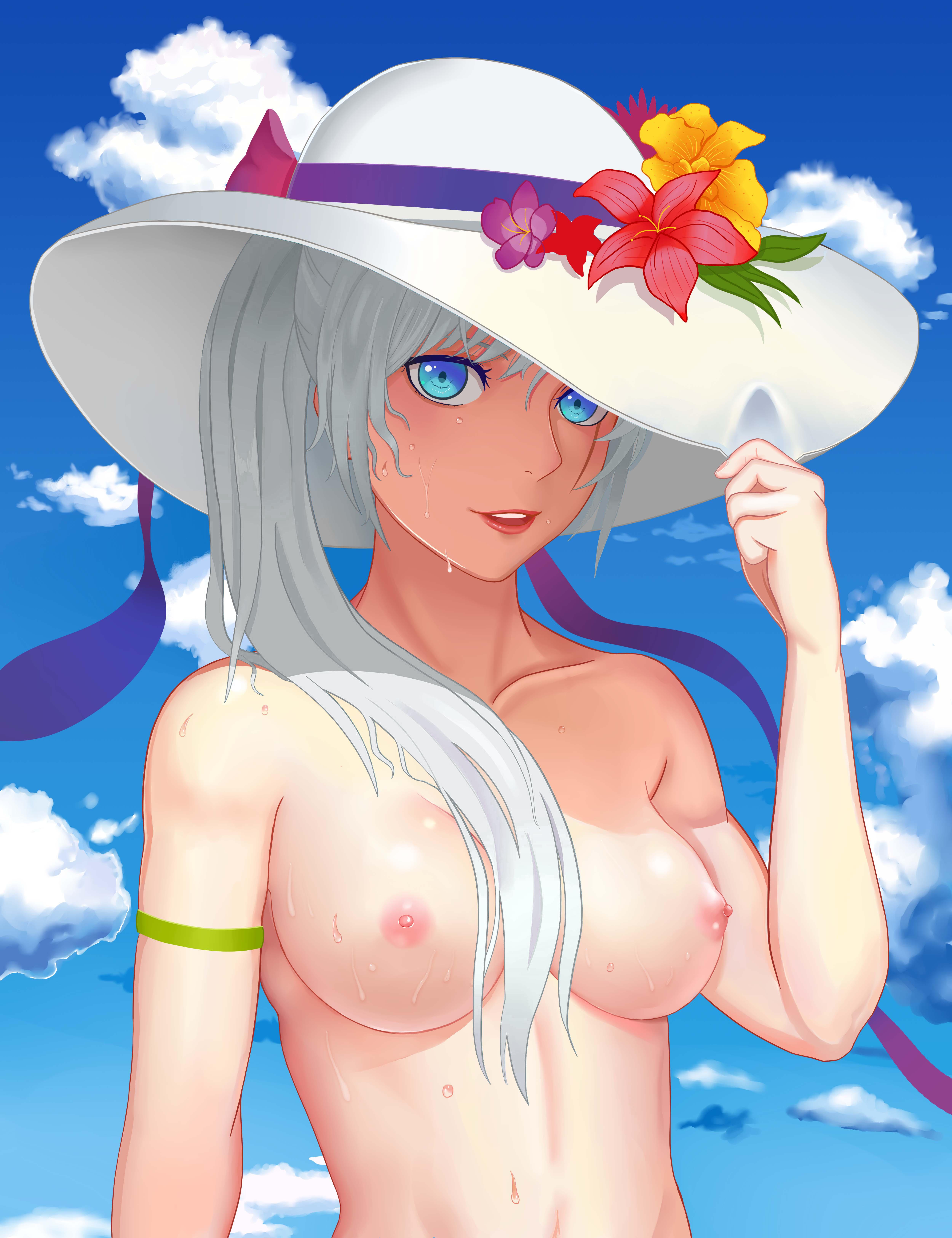 areolae, blue eyes, breasts, collarbone, female, hair over shoulder, hat, long hair, looking at viewer, nipples, parted lips, rwby, simple background, sky, weiss schnee, wet, white hair, zhao shixuan