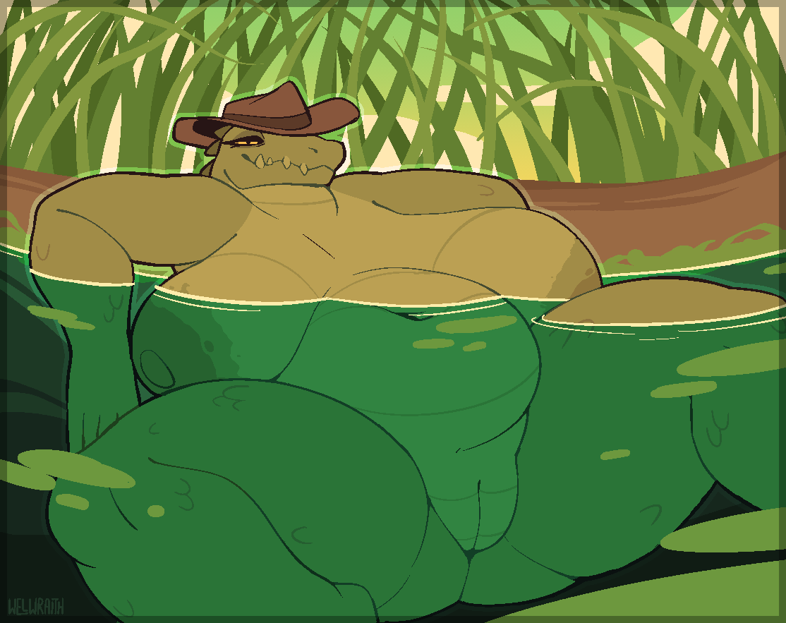 1girls alligator alligator_girl alternate_version_available big_breasts chubby chubby_female cowboy_hat crocodilian female girl hallie_(welwraith) hat hat_only in_water inkplasm larger larger_female marsh_(environment) mature mature_female plump relaxing reptile scalie swamp welwraith