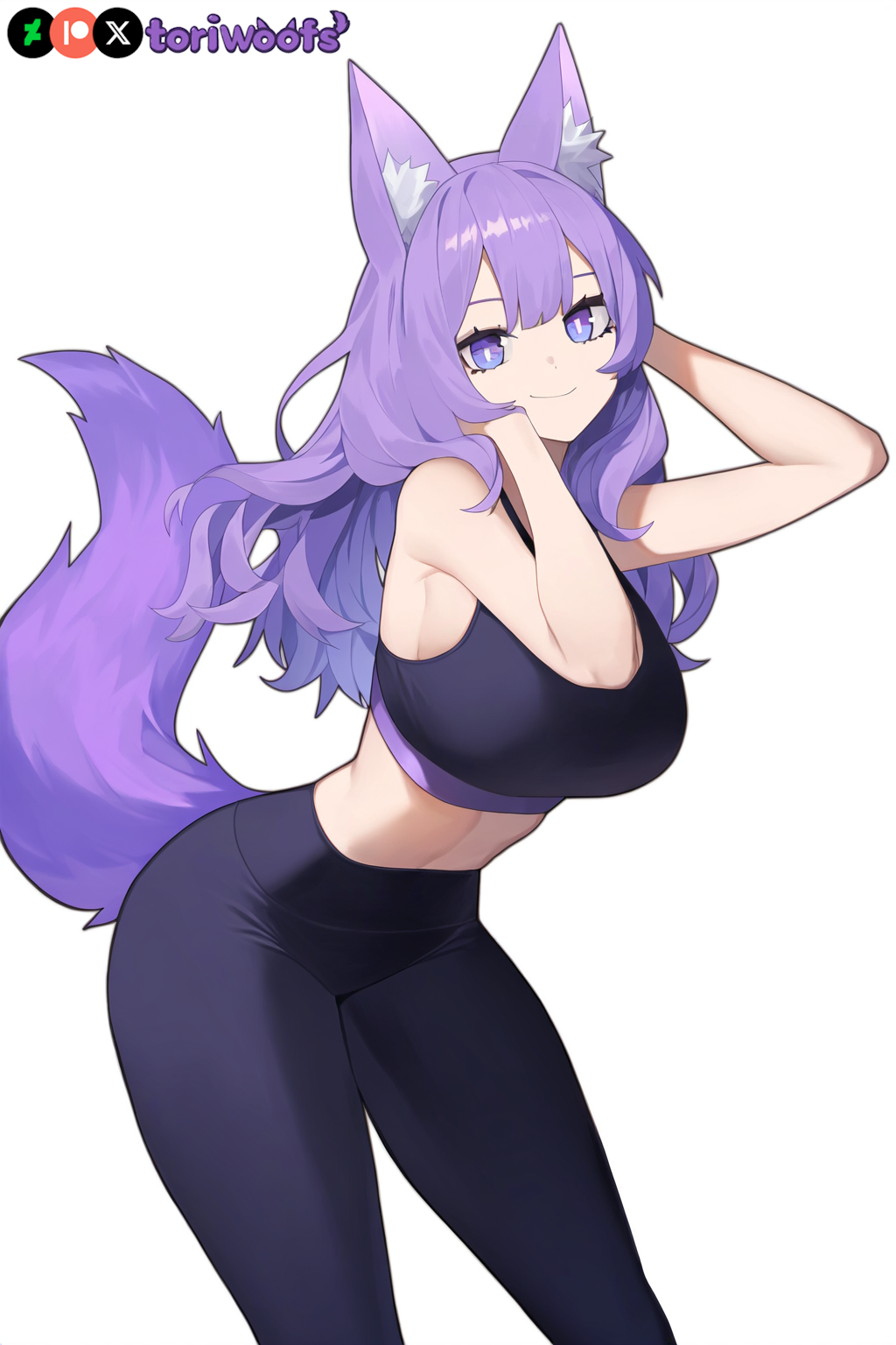 1girls ai_generated big_breasts breasts curvy cute dog_ears dog_girl doggirl female female_focus female_only happy highres hips huge_boobs huge_breasts kemonomimi light_skin light_skinned_female long_hair patreon_username petgirl purple_ears purple_eyes purple_hair purple_tail sports_bra standing thick_thighs thighs tori toriwoofs watermark wavy_hair white_skin white_skinned_female wide_hips wolf_ears yoga_pants