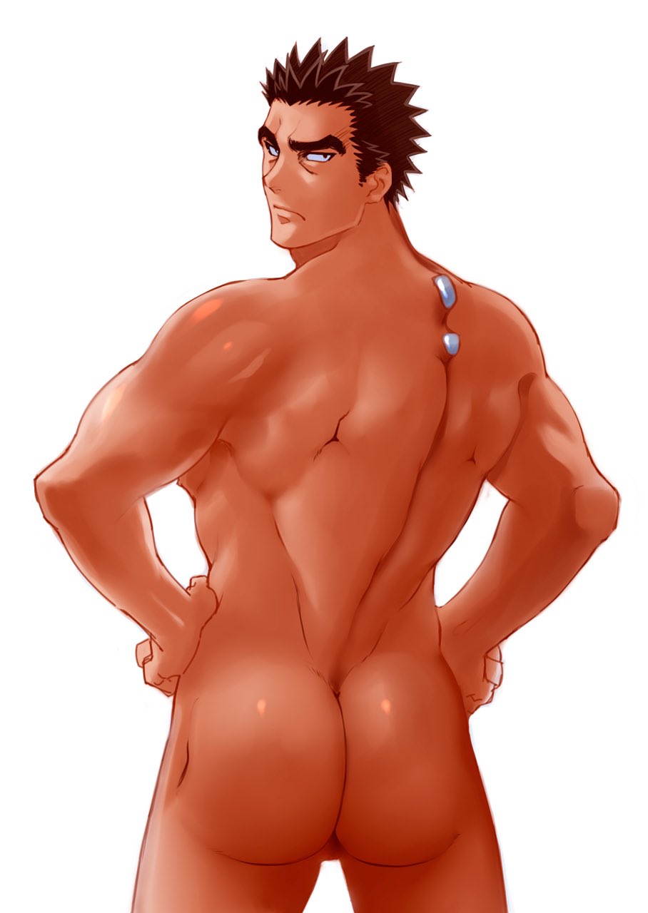 akihiro_altland ass bara feet_out_of_frame gundam looking_at_viewer male male_focus male_only masanori masanori_danshi muscular_male no_visible_genitalia solo solo_male tagme white_background