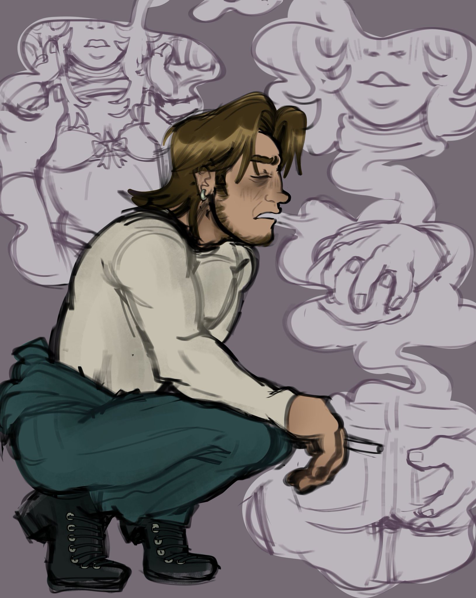 anya (mouthwashing), brown hair, combat boots, crouching, earring, fantasizing, grabbing ass, imminent rape, imminent sex, jacket around waist, jimmy (mouthwashing), lifting shirt, male, male focus, mouthwashing, mouthwashing (game), smoke, smoke cloud, smoke from mouth, smoking, smoking cigarette, thought bubble