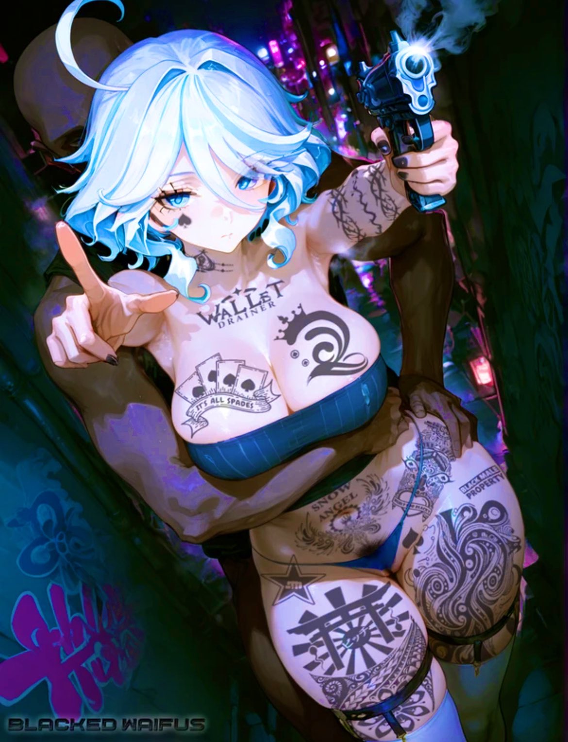 ai_generated bald blacked blue_eyes blue_hair cruelty dark-skinned_male dark_skin findom furina_(genshin_impact) genshin_impact graffiti graffiti_on_wall gun looking_at_viewer pointing qos queen_of_spades spade_tattoo tattoo tattoos ugly_bastard