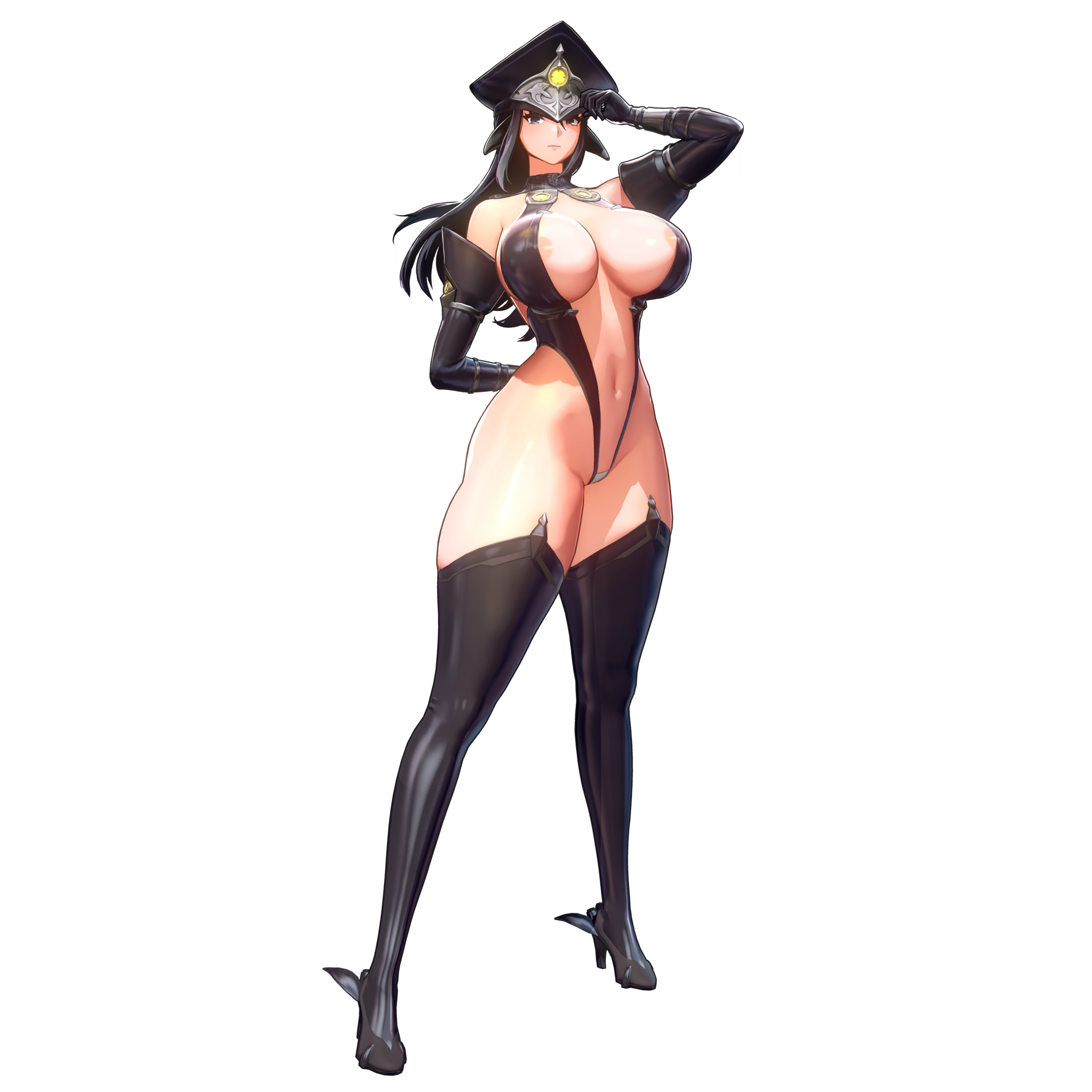 1girls, 3d, 3d model, alternate costume, areola, areola slip, areolae, areolae slip, barely clothed, barely visible genitalia, belly button, black hair, curvaceous, curvy, curvy figure, gloves, gray eyes, grey eyes, hat, heels, hips, horizon walker, horns, huge breasts, large breasts, latex, latex clothing, latex thighhighs, light skin, light-skinned female, long hair, nari (horizon walker), nipple bulge, nipples, official art, orca girl, png, shaved pussy, simple background, solo, stockings, thick thighs, thighs, wide hips