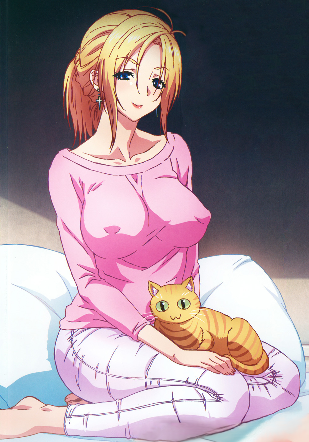 1boy 1girls 2011 age_difference animal blonde_hair blue_eyes breasts cat covered_erect_nipples denim feline female_focus game game_cg highres huge_breasts indoors jellyfish_(company) kamimura_akiko keisuke_(sisters) kouzaka_kouhei lips mature_female no_bra older_female_and_younger_male older_woman_and_younger_man pants pet ponytail premature_ejaculation sisters_~natsu_no_saigo_no_hi~ smile smiley_face stepmother_and_stepson tabby_cat taki_minashika tight_clothes tight_pants visual_novel