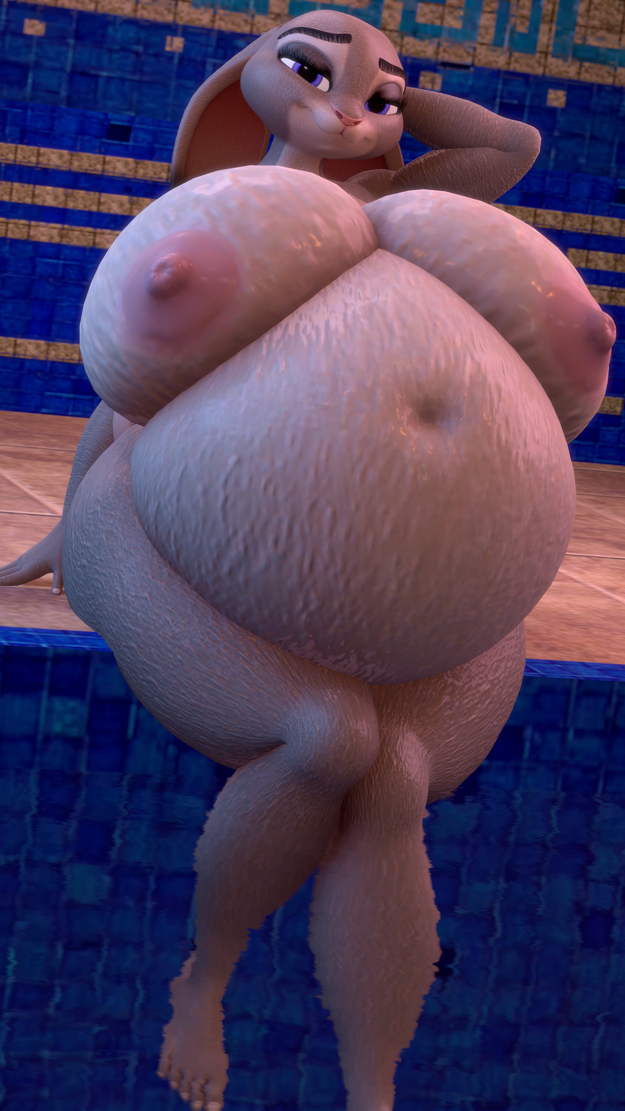 2022, 3d, 4k, 5 toes, 9:16, absurd res, anthro, areola, belly, big belly, big breasts, breasts, coriponer, digital media (artwork), disney, feet, female, fingers, fur, grey body, grey fur, hi res, huge belly, huge breasts, hyper, hyper breasts, hyper pregnancy, judy hopps, lagomorph, leporid, looking at viewer, mammal, nipples, nude, pink areola, pink nipples, pregnant, purple eyes, rabbit, solo, source filmmaker (artwork), thick thighs, toes, zootopia