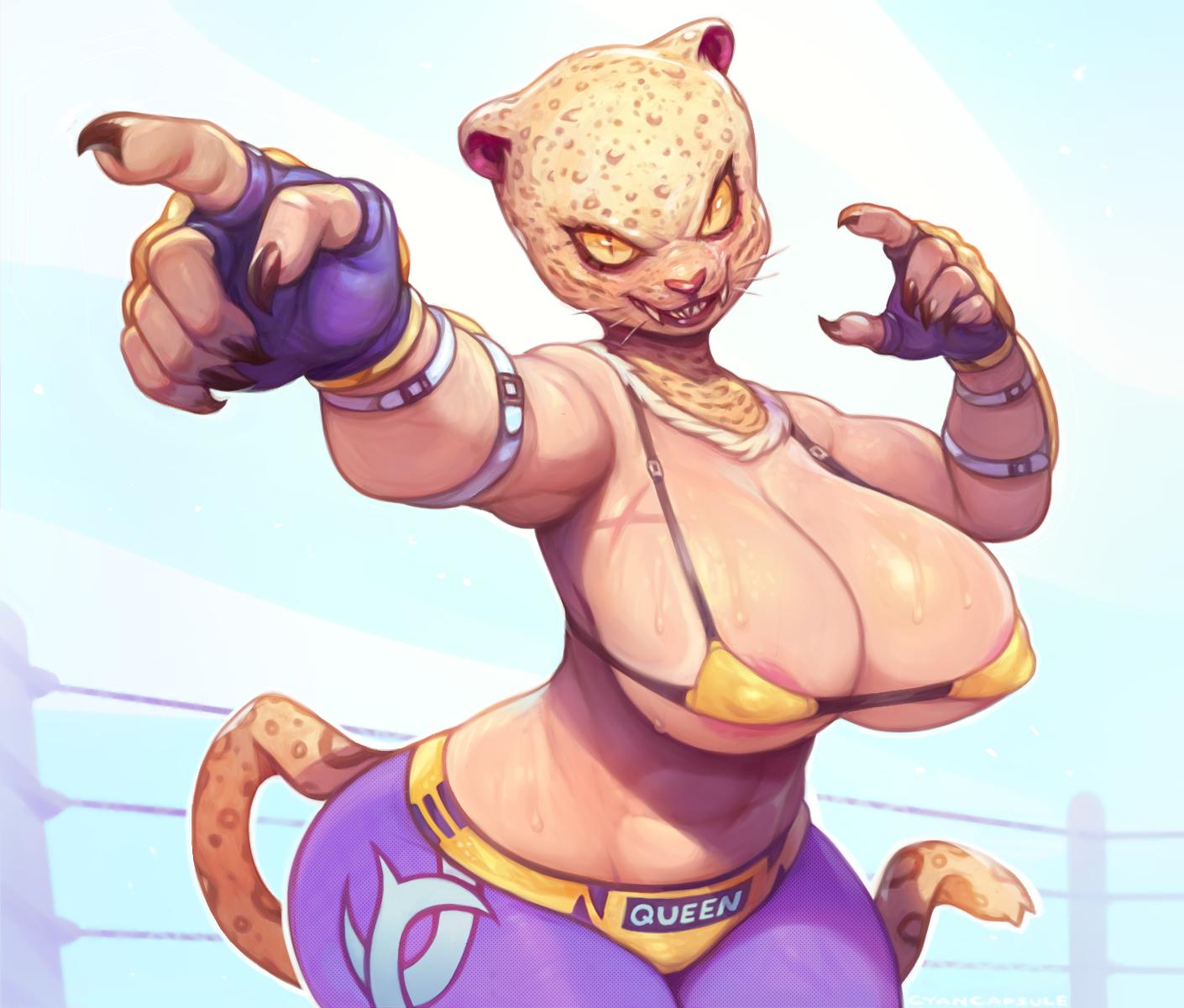 anthro armpits claws crossgender cyancapsule feline female furry genderswap genderswap_(mtf) king_(tekken) large_breasts leopard muscular muscular_female nipples rule_63 scar solo sweat tail tekken wrestler wrestling_ring