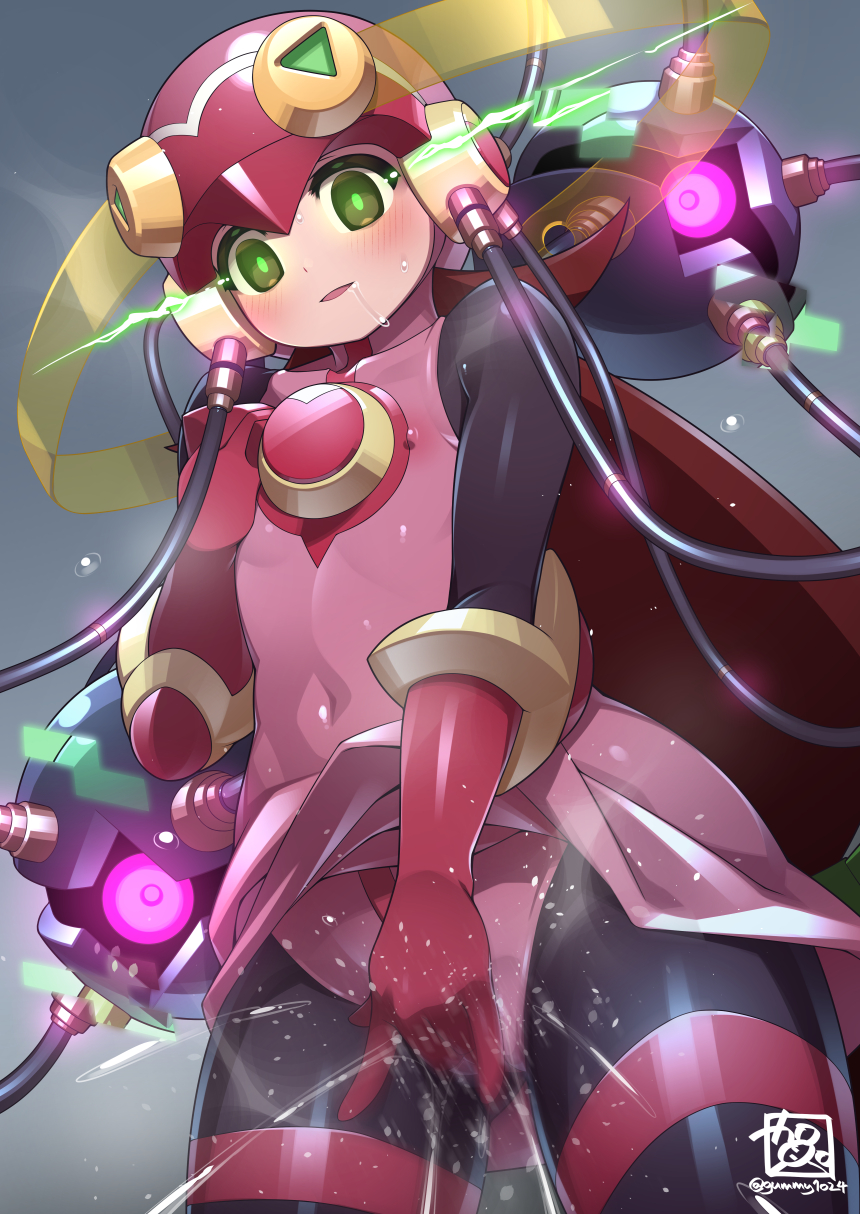 black_bodysuit bodysuit bodysuit_under_clothes cowboy_shot cross_fusion dress female female_ejaculation fingering flat_chest glowing glowing_eyes green_eyes gummyrise hacking helmet highres long_hair masturbation mayl_sakurai_(mega_man) mega_man_(series) mega_man_battle_network_(anime) mega_man_battle_network_(series) mind_control one-eyed panties pink_dress pink_helmet pink_panties purple_eyes pussy_juice red_hair roll.exe_(mega_man) saliva solo_focus underwear