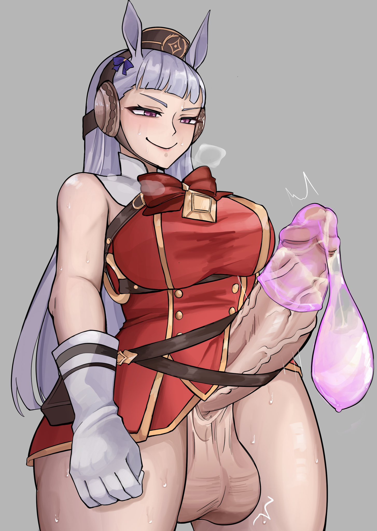 animal ears, balls, big balls, bow, bowtie, condom, condom balloon, condom on penis, female, filled condom, futa only, futanari, gloves, gold ship (umamusume), horse ears, horse futa, horse girl, huge cock, intersex, light skin, light-skinned futa, long hair, penis, pink eyes, red eyes, sachachm, solo, solo dickgirl, solo futa, sweat, sweatdrop, umamusume, umamusume pretty derby, veiny, veiny penis, white hair