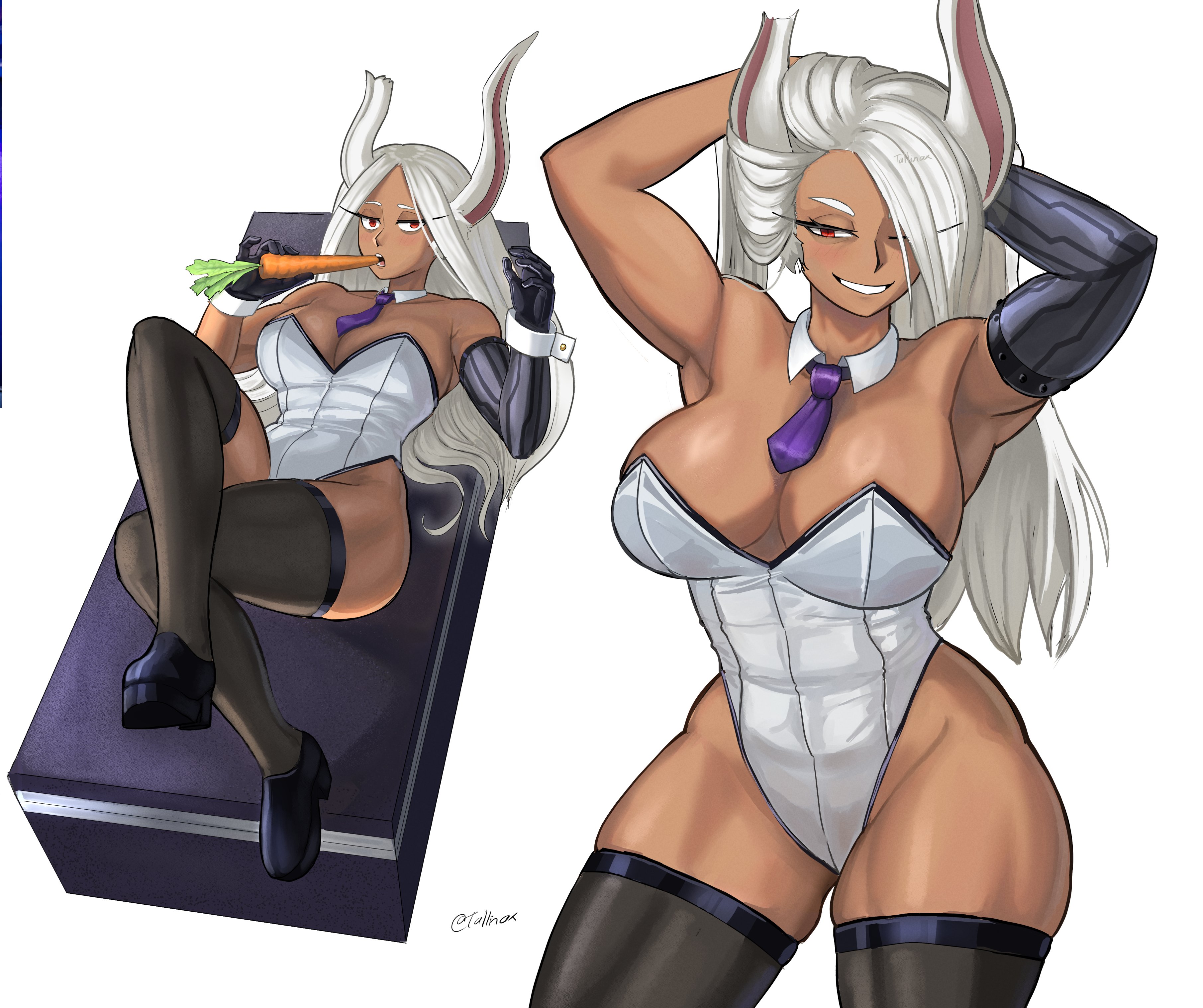 1girls, absurdres, animal ears, boku no hero academia, breasts, carrot, commentary, dark skin, dark-skinned female, english commentary, female, female only, gloves, highres, holding, holding carrot, large breasts, leotard, long eyelashes, long hair, looking at viewer, mirko, miruko, multiple views, muscular, my hero academia, necktie, playboy bunny, prosthetic, prosthetic arm, purple necktie, rabbit ears, rabbit girl, red eyes, rumi usagiyama, simple background, smile, solo, strapless, strapless leotard, tallinax, thighhighs, thighs, twitter username, white background, white hair, wrist cuffs