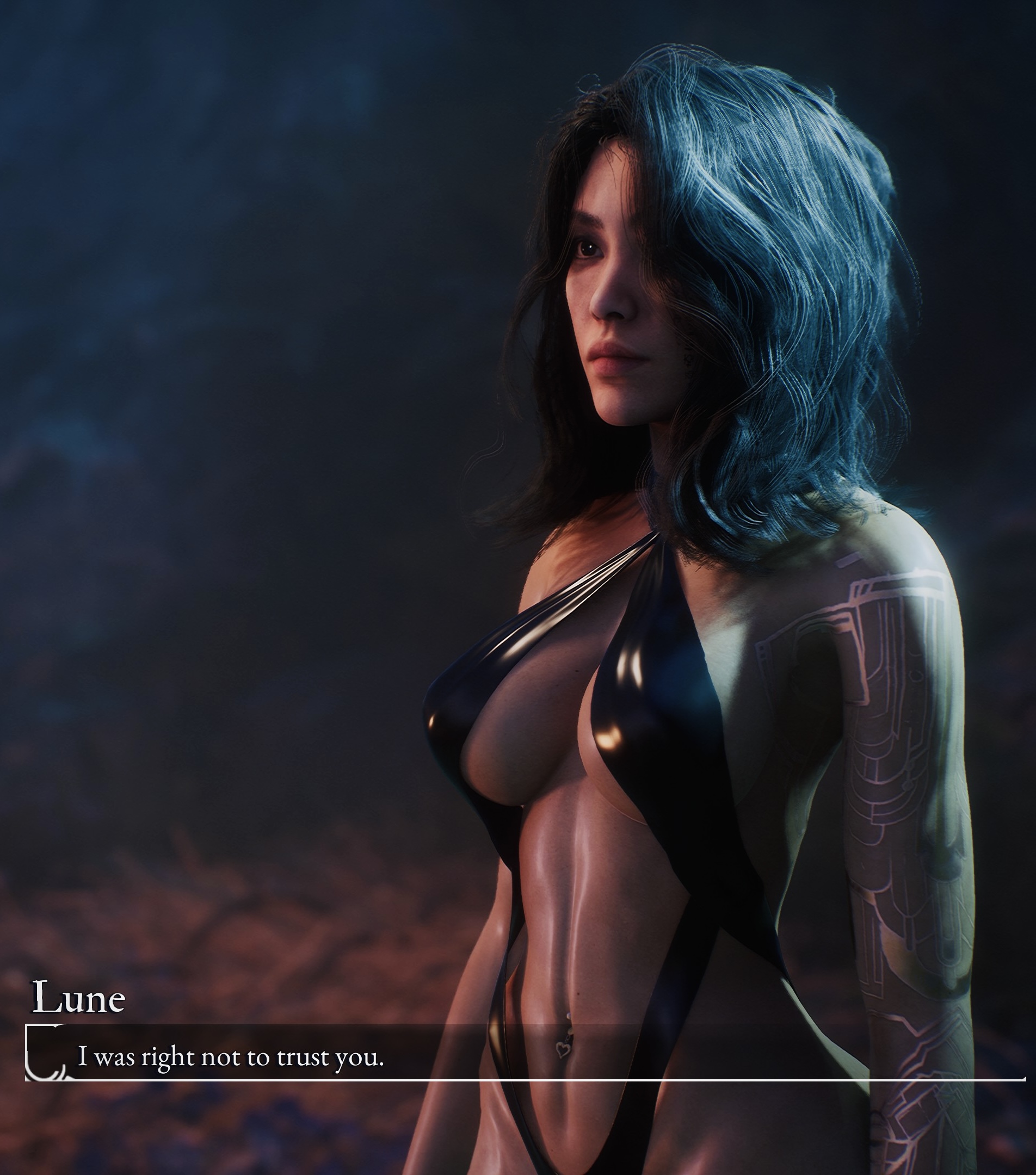 artist request, asian female, bikini, black hair, clair obscur: expedition 33, face tattoo, female, female only, lune (clair obscur: expedition 33), mod, modding (gaming), screencap, tattoo