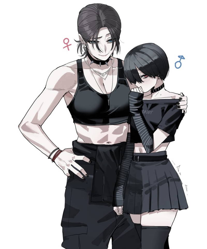 1boy 1boy1girl 1girls arm_sleeves blush blush_lines blushing bra choker couple crop_top cute digital_drawing_(artwork) digital_media_(artwork) dominant dominant_female drawing female female_symbol femboy femboy_on_female femboysub feminine_male hair_bun hand_on_hip hand_on_shoulder looking_at_partner male male_on_bottom male_symbol masculine_female muscular muscular_female oc original original_character original_characters shy skirt standing submissive submissive_male thighhighs thighs tomboy tomboy_on_femboy white_background
