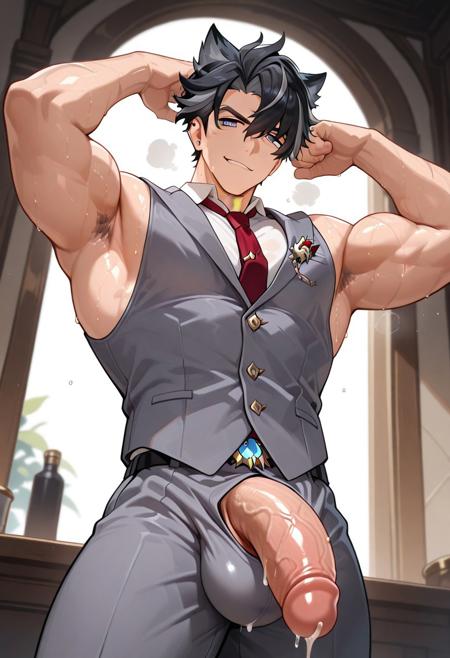 1boy, ai generated, big penis, bulge, dripping, dripping cum, dripping precum, genshin impact, looking at viewer, male, male only, mrcookie581, muscles, muscular, muscular male, open zipper, pants, penis, penis out, penis out of pants, penis outline, precum, wet, wet body, wriothesley, wriothesley (genshin impact)