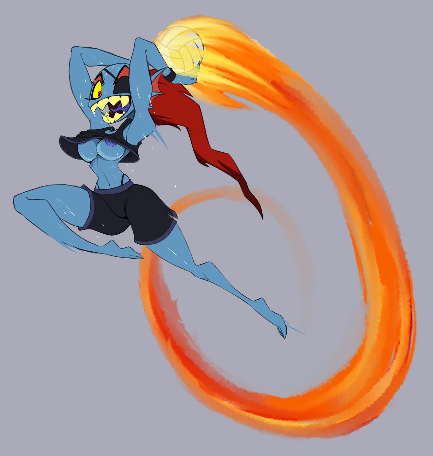 1girls, accidental exposure, areolae, blue body, blue tongue, breasts, breasts out, exposed breasts, eye patch, feet, female, female focus, female only, fire, fish, fish girl, fit, fit female, full body, goes hard, hi res, high resolution, humanoid, jrvanesbroek, long hair, movement lines, nipples, no bra, pinup, ponytail, red hair, sharp teeth, solo, solo female, solo focus, sports shorts, sportswear, tagme, tank top, tank top lift, thin female, thin waist, tomboy, underboob, undertale, undyne, volleyball, volleyball (ball), yellow eyes