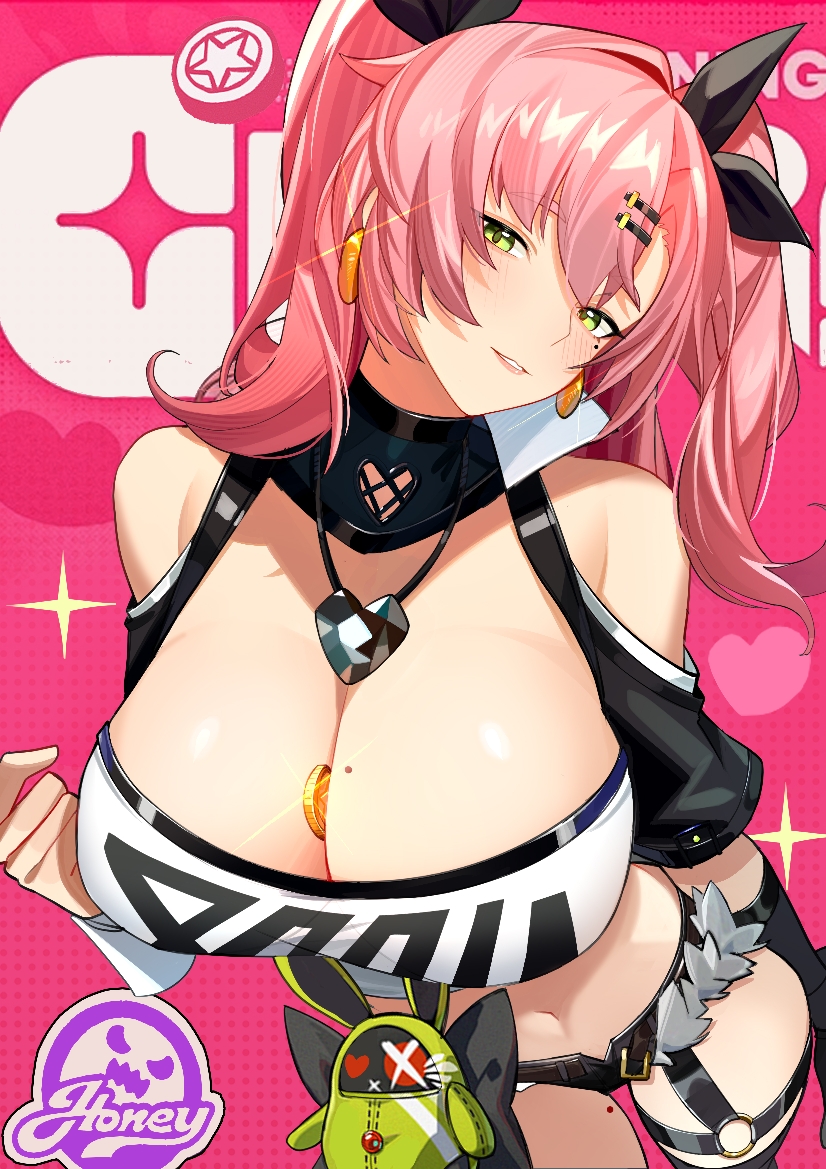 between_breasts black_shorts breasts coin denim denim_shorts earrings female green_eyes grin heart heart_necklace jewelry looking_at_viewer mole mole_on_breast navel necklace nicole_demara shorts smile solo teeth two_side_up yueyueyue_yao zenless_zone_zero