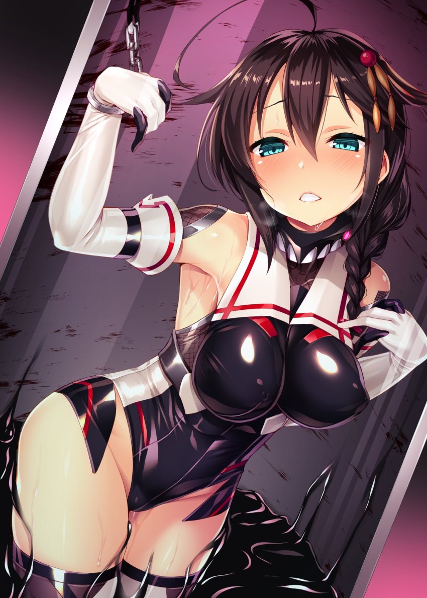 adapted costume, ahoge, bare shoulders, blue eyes, blush, bondage, bound, braid, breasts, brown hair, chained, chains, collar, covered nipples, elbow gloves, female, femsub, fishnets, fully clothed, gloves, hair flaps, hair ornament, hair over shoulder, hairclip, kantai collection, large breasts, leotard, looking at viewer, parody, remodel (kantai collection), satou kuuki, shigure (kantai collection), shiny clothes, single braid, slime, solo, stationary restraints, stockings, taimanin (series), taimanin asagi, taimanin suit, thighhighs, tied hair, tight clothing