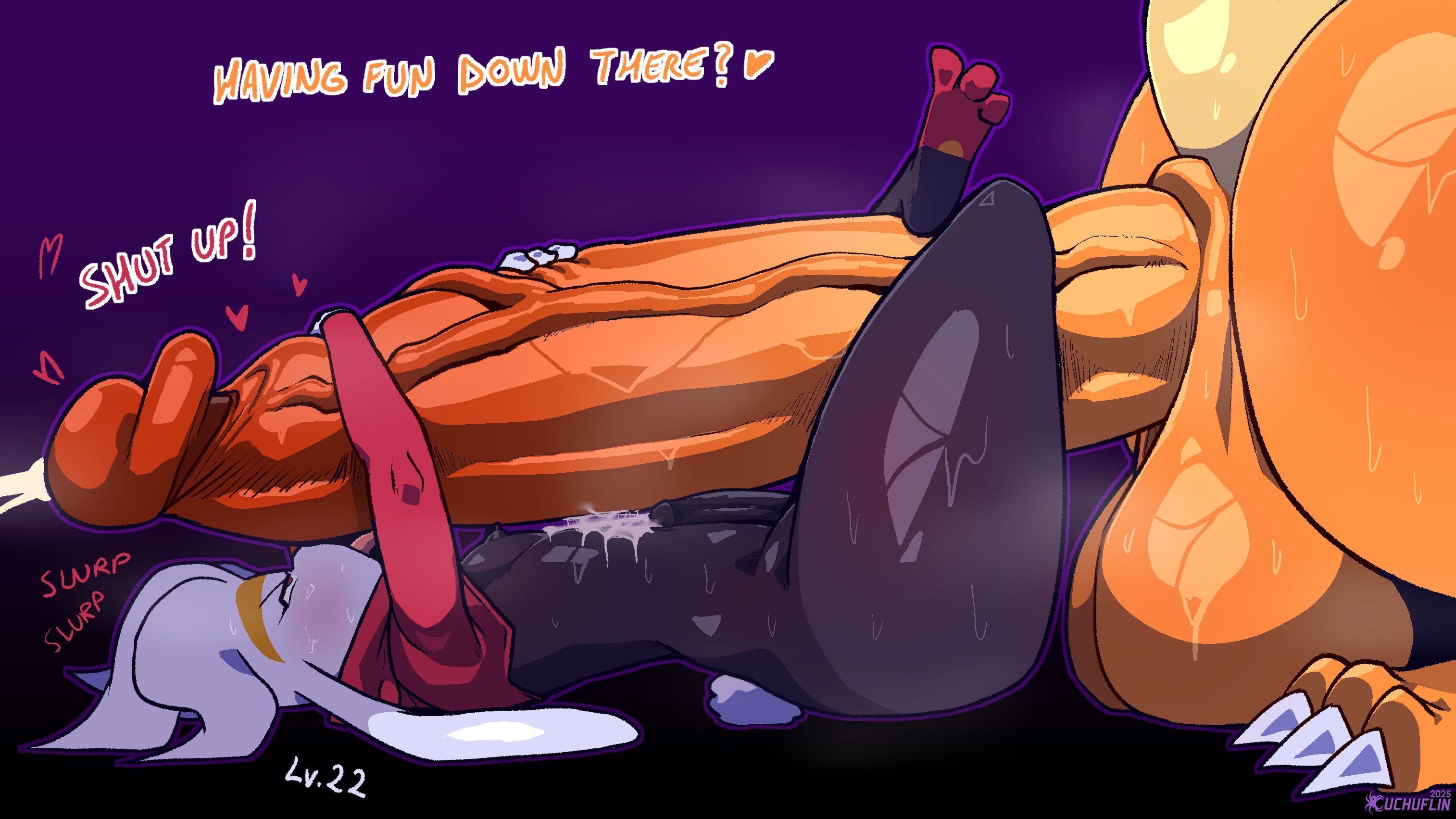 2boys, anthro, charizard, cinderace, cindy (cuchuflin), cuchuflin, cum, cumshot, femboy, frottage, gay, generation 1 pokemon, generation 8 pokemon, gigantic penis, hyper penis, large penis, licking, licking penis, male, male bitch, male only, male/male, penis, penis bigger than body, penis size difference, pokemon, pokemon (species), raboot, side view, size difference, sweat, thick thighs, wide hips, yaoi