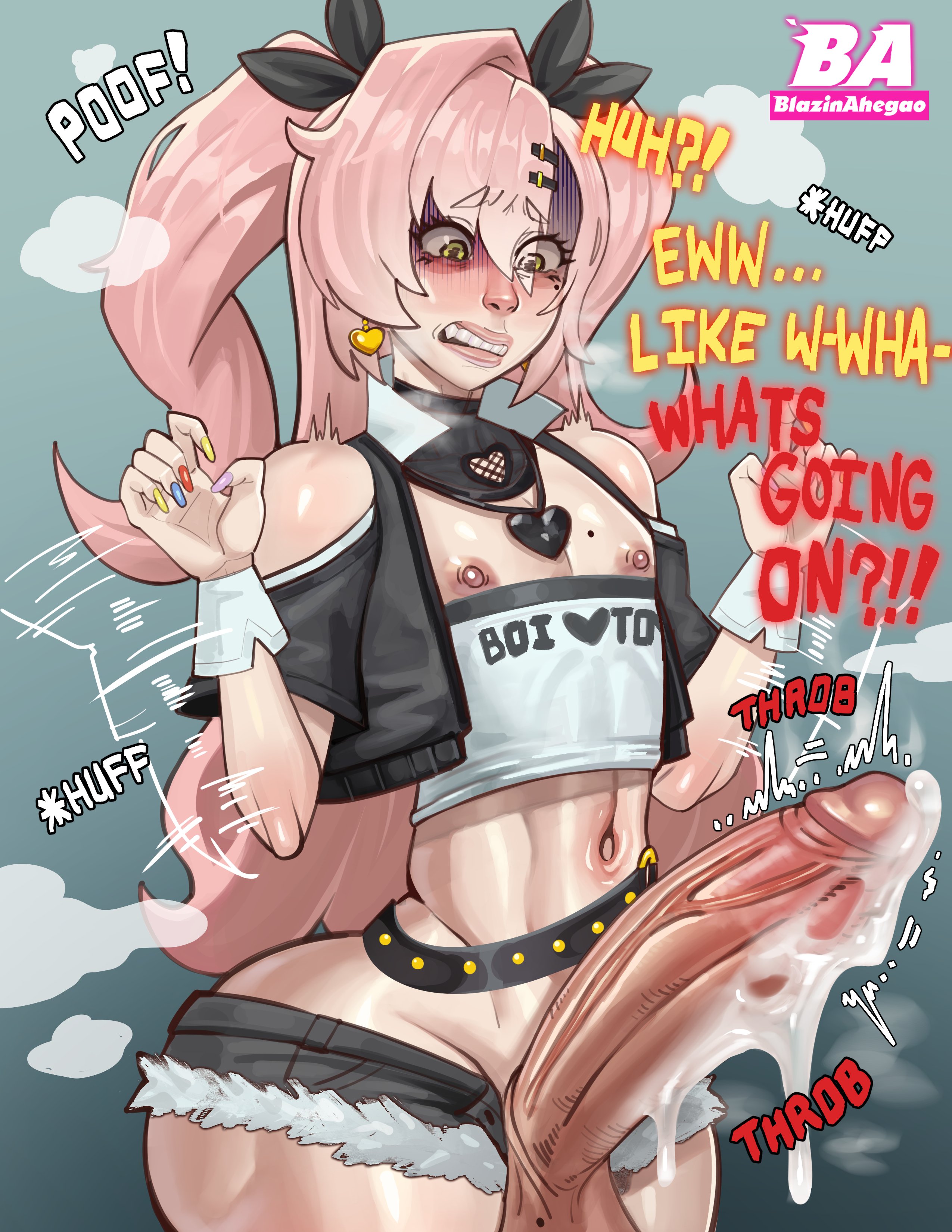 1boy, big penis, black ribbon, black shorts, blazinahegao, breasts, clothing cutout, crop top, cutoffs, femboy, genderswap, genderswap (ftm), green eyes, hair ornament, hair ribbon, hairclip, handjob gesture, heart, heart necklace, implied transformation, jewelry, large penis, long hair, micro shorts, midriff, mole, mole on balls, mole on chest, mole under eye, nail polish, navel, necklace, nicole demara, pink hair, ribbon, rule 63, shorts, shoulder cutout, simple background, strapless, surprised, teeth, tube top, two side up, upper teeth only, veiny penis, white tube top, zenless zone zero