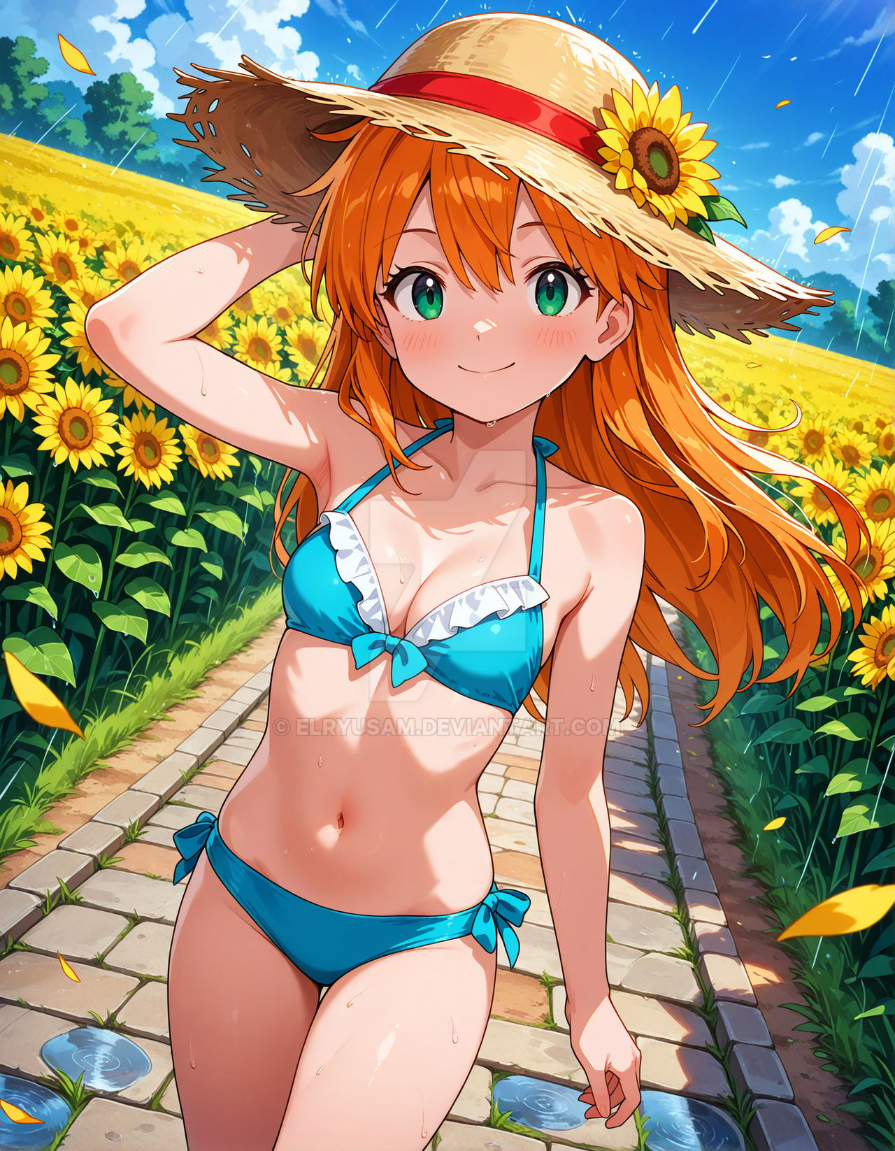 2025, 4kids entertainment, ai generated, anime, belly, blowing hair, blue bikini, deviantart, elryusam, eyebrows visible through hair, female, flower on hat, green eyes, hair blowing, hand on back, kasumi (pokemon), looking at viewer, meta, mouth closed, nintendo, not porn, orange cheeks, orange eyebrows, orange-haired female, pokemon, smile at viewer, smiling at viewer, summer hat, tummy, wet bikini, wet body, wet skin