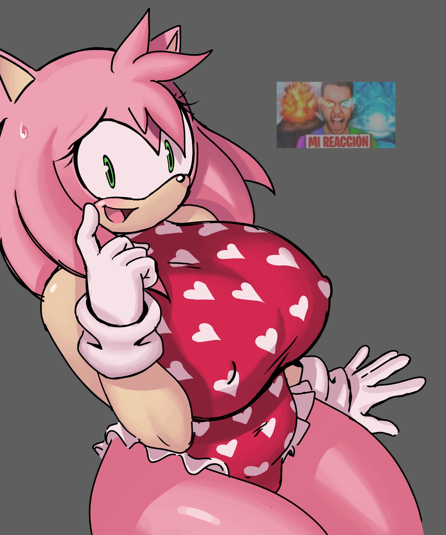 amy rose, big breasts, breasts, chubby female, female, furry, green eyes, heart pattern, huge breasts, leotard, nervous expression, nervous sweat, nipples visible through clothing, sandanshot, sega, sonic (series)