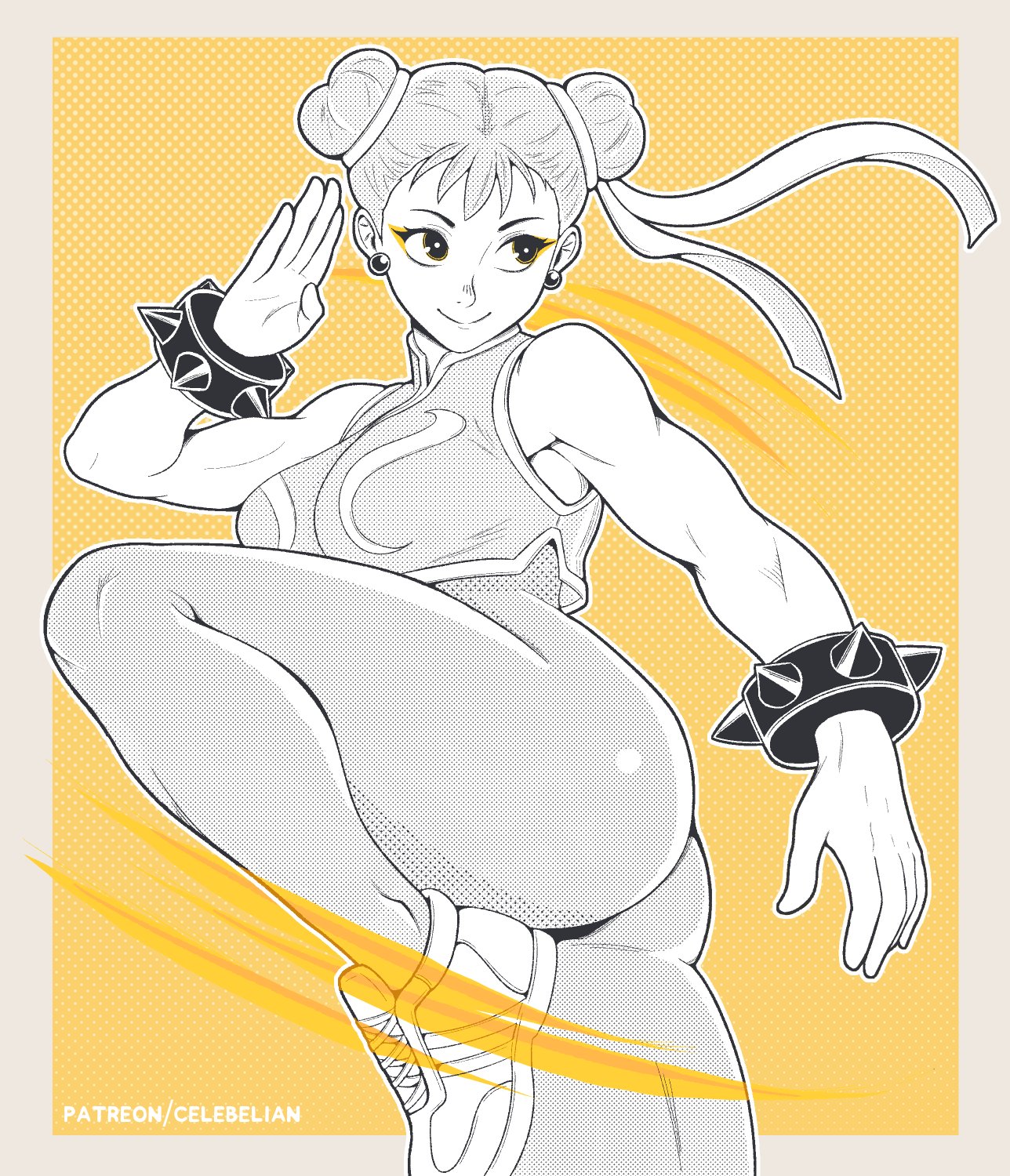 2d, 2d (artwork), ass, celebelian, chun-li, clothed, clothed female, clothing, digital media (artwork), female, female only, hair, hi res, leggings, muscular, muscular female, presenting ass, shoes, simple coloring, smile, solo, solo female, spiked bracelet, street fighter, thick thighs, thighs, tied hair